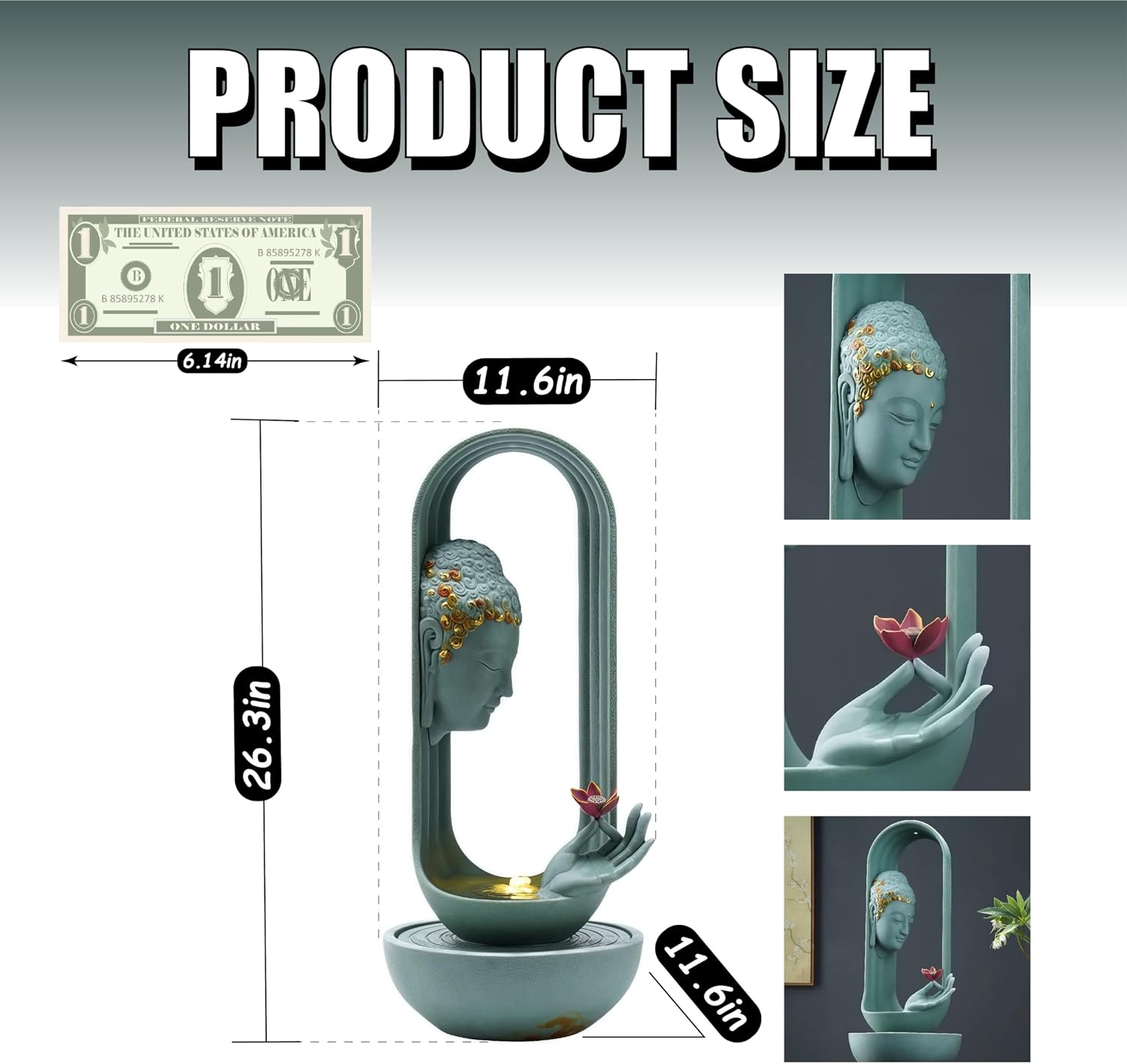 Tabletop Fountains, Buddha Water Fountain Indoor, Buddha Statue for Home - Buddha Statue Indoor/Outdoor, Buddha Decor & Gifts, Buddah, Buda, Budda, Buddhas, Chinese Decor & Gifts, Feng Shui (Green)