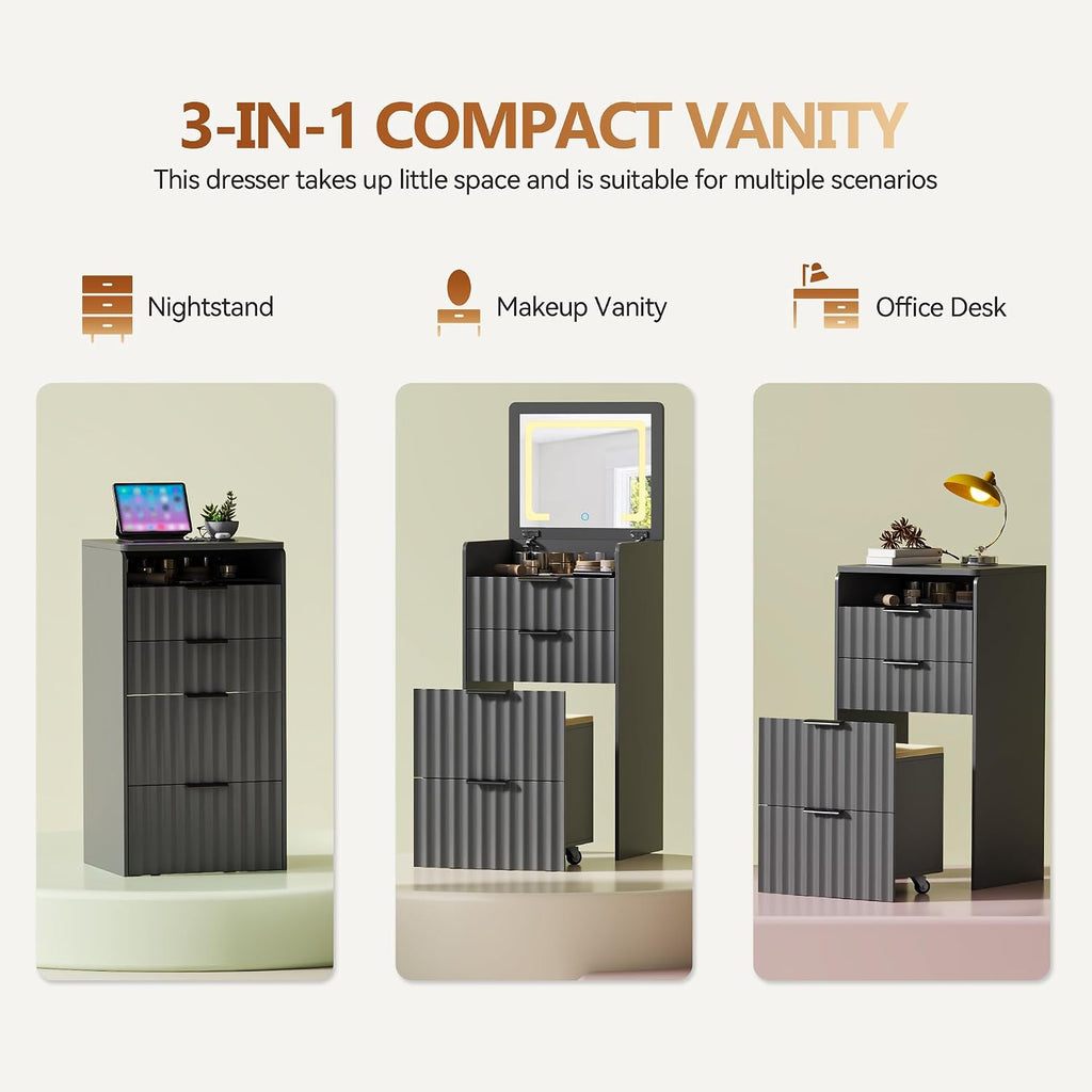 3-in-1 Small Vanity Desk with Flip Top Mirror and Lights,Fluted Compact Makeup Vanity with Storage Stool and Drawers,Mini Vanity Table Set for Bedroom Furniture,Grey