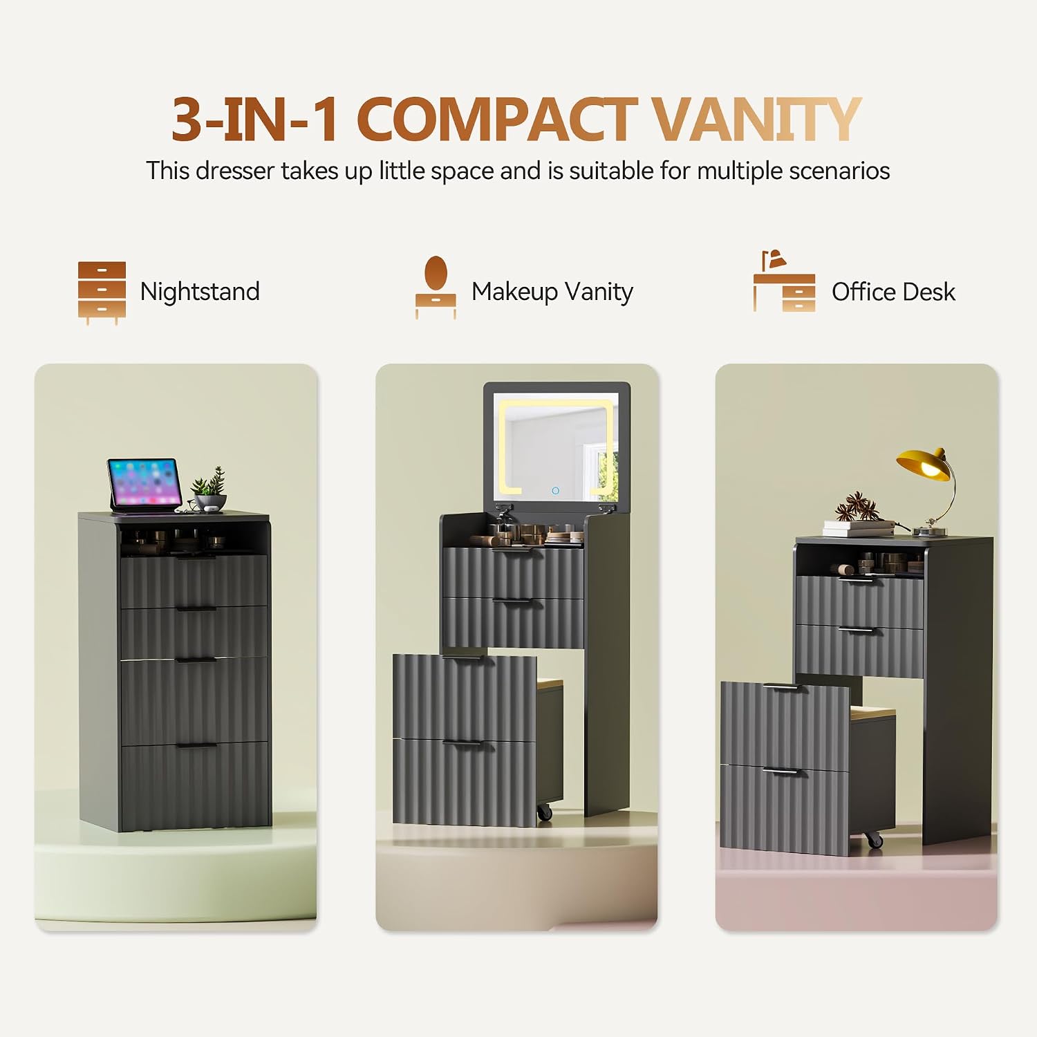 3-in-1 Small Vanity Desk with Flip Top Mirror and Lights,Fluted Compact Makeup Vanity with Storage Stool and Drawers,Mini Vanity Table Set for Bedroom Furniture,Grey