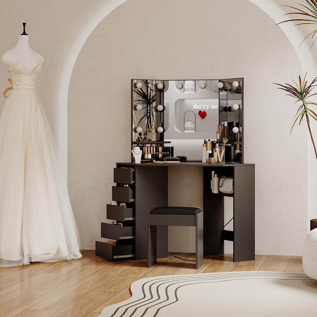 Corner Vanity Desk with Mirror and Led Lights - Makeup Table with 5 Drawers, Shelves, and Vanity Stool - Perfect for Bedroom or Bathroom, Black