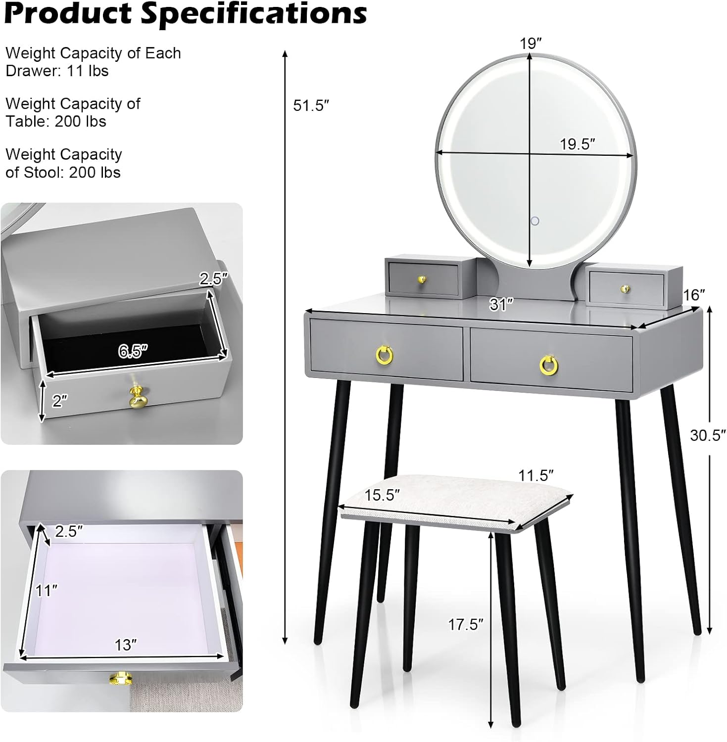 COSTWAY Vanity Table Set with Mirror and Lights, Makeup Dressing Table w/ 3 Color Lighting Modes & Adjustable Brightness, Vanity Mirror with Desk and Cushioned Stool for Women Girls (Grey & Black)