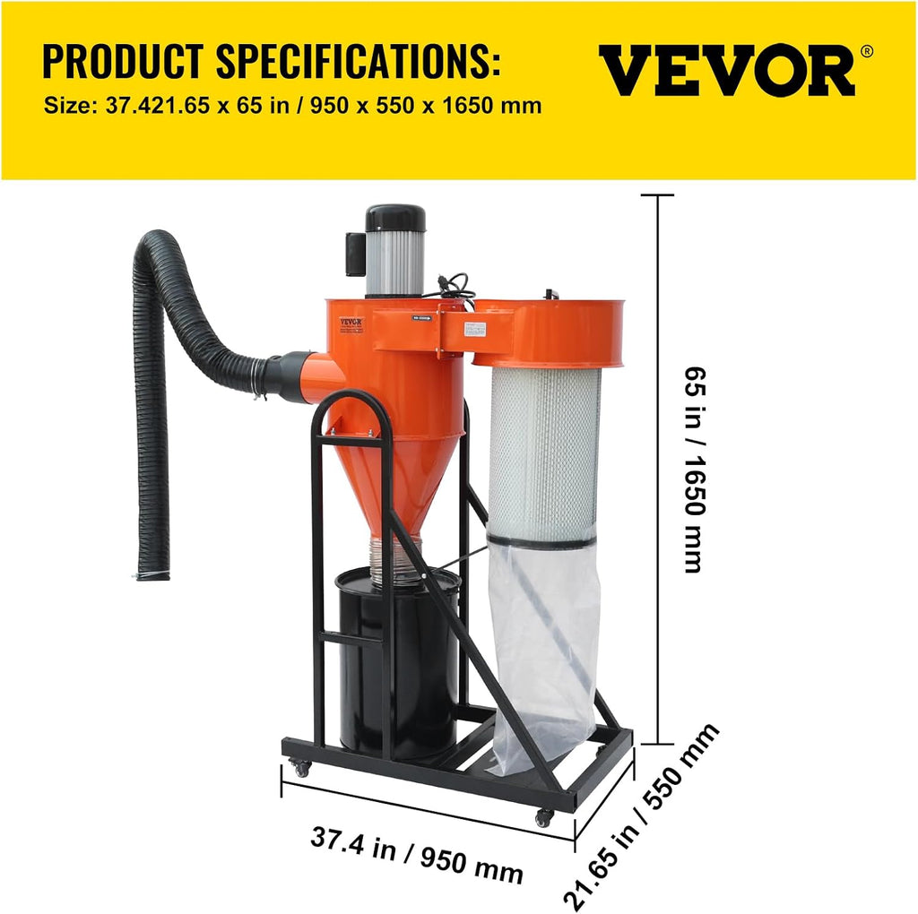VEVOR 2 HP Dust Collector, 1167 CFM, Portable Vortex Dust Collector, with 39 Gallon Collection Bag and Mobile Base, 120V, 3400 RPM, 3μm Canister Filter Kit, for Woodworking Dust Collection System