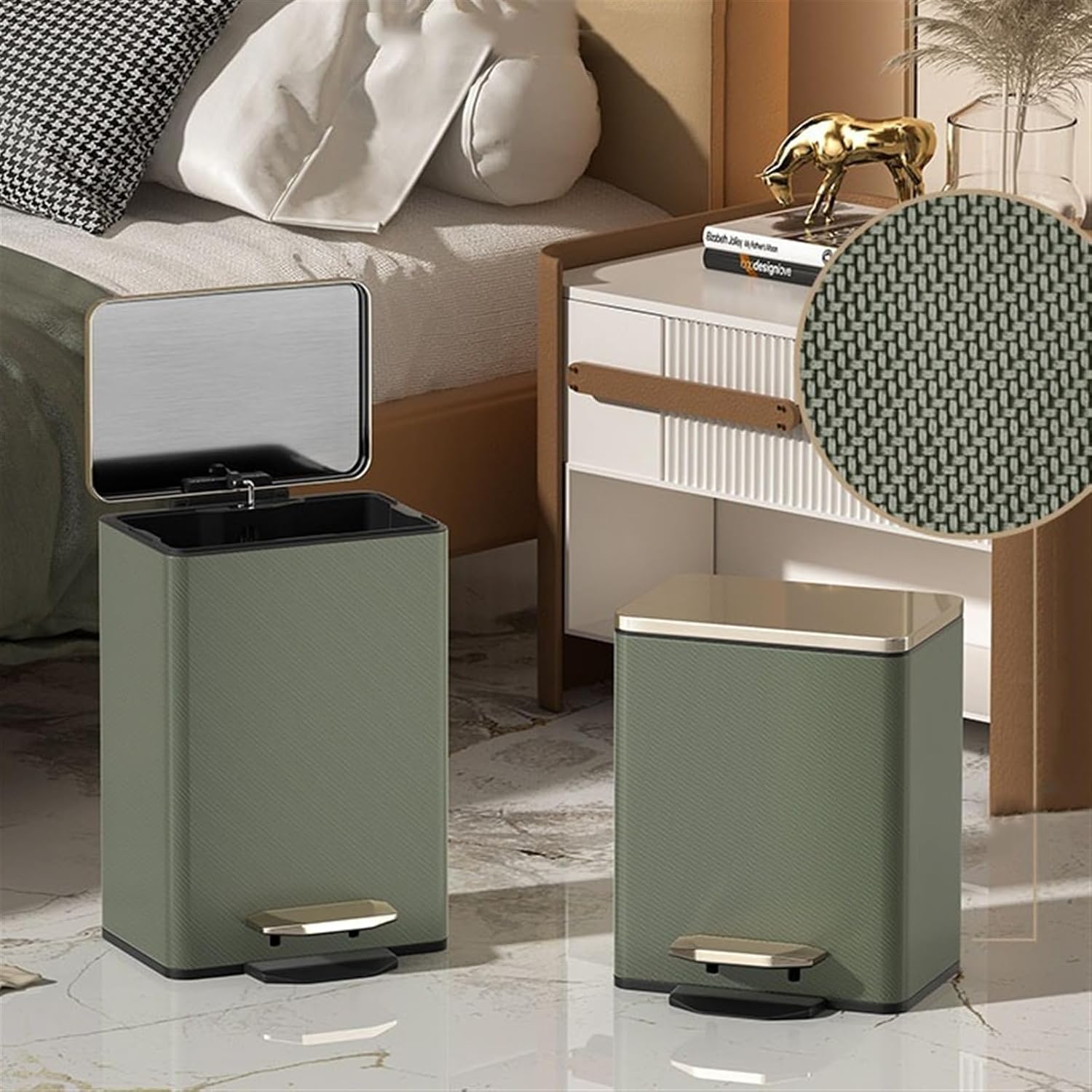 Stylish Modern Smart Trash Can with Soft Close Lid Stainless Steel Step Garbage Can Removable Inner Bucket 21L Capacity PU Leather Outer Layer Army Green Ideal for Bathroom