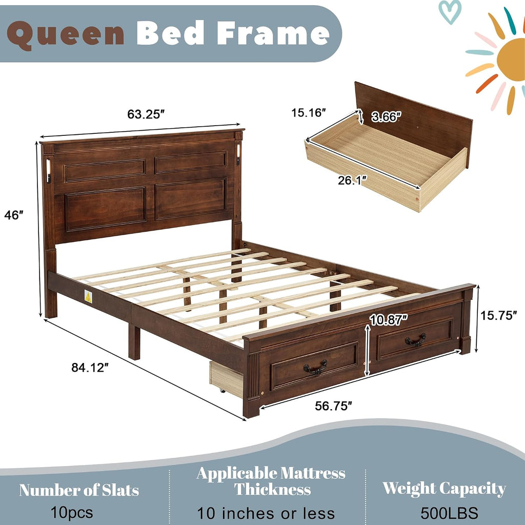 Queen Bed Frame with 46' Tall Headboard, Farmhouse Solid Wood Queen Platform Bed with 2 Storage Drawers,LED Lights & USB Charging Station,No Box Spring Needed, Walnut
