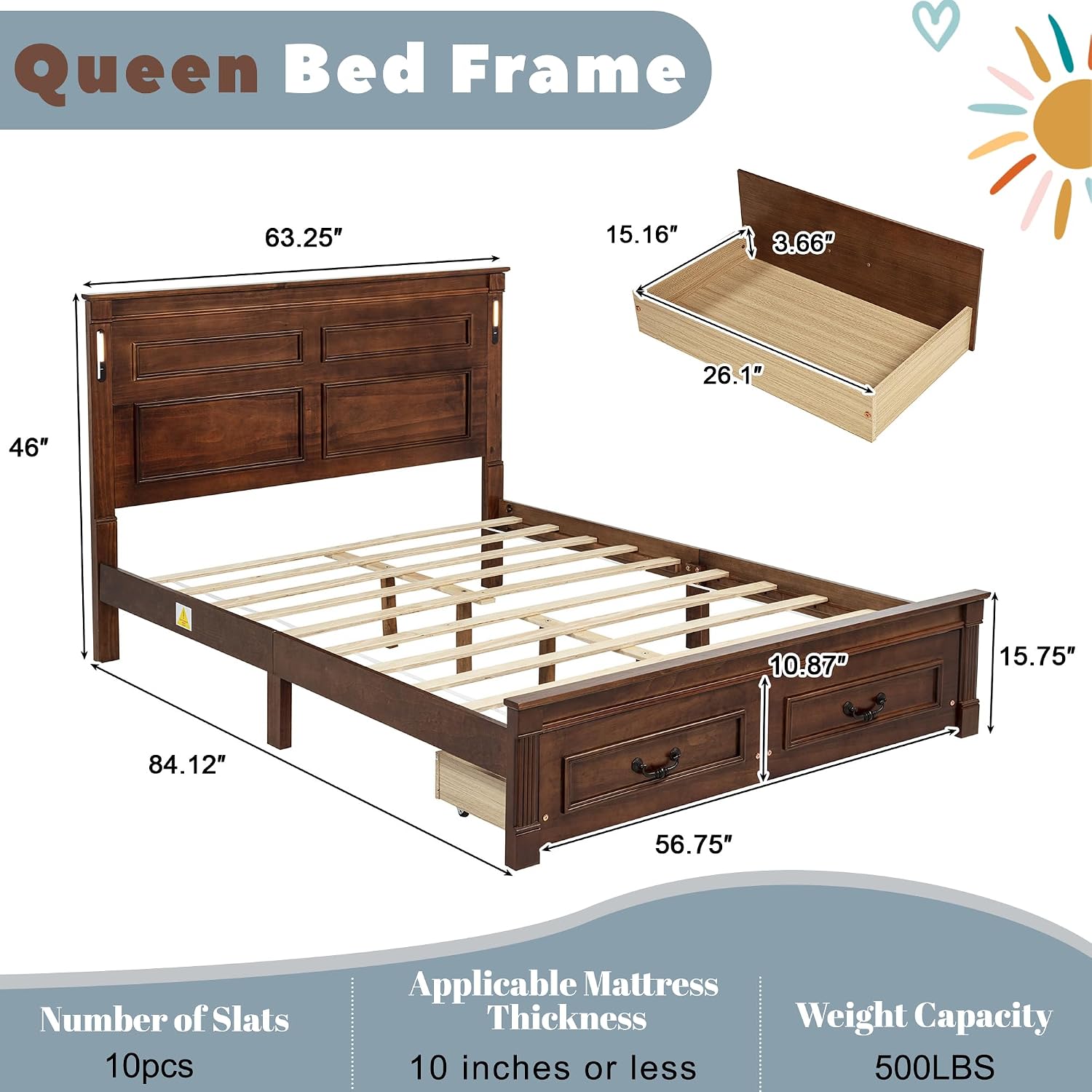Queen Bed Frame with 46' Tall Headboard, Farmhouse Solid Wood Queen Platform Bed with 2 Storage Drawers,LED Lights & USB Charging Station,No Box Spring Needed, Walnut