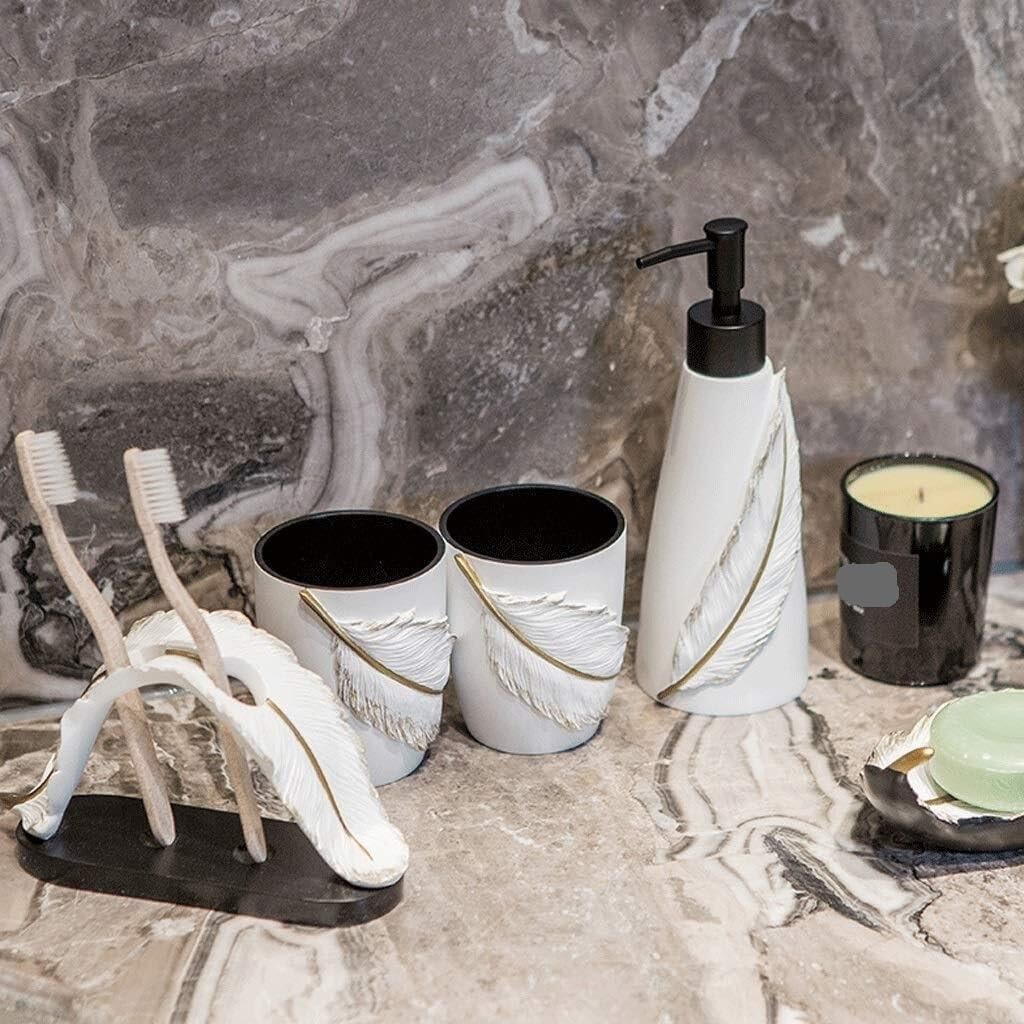 Vanity Bathroom Decor, 6 Packs Bathroom Accessories Set Features Liquid Soap Pump Toothbrush Holder Tumbler Soap Dish Housewarming Gift