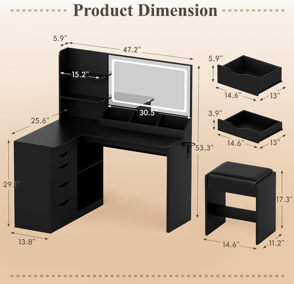 JUMMICO Makeup Vanity Desk with Mirror and Lights, L- Shaped Vanity, Modern Vanity Table with 5 Drawers & Adjustable Shelves, Power Outlet with Fast Charging, for Bedroom (Black)