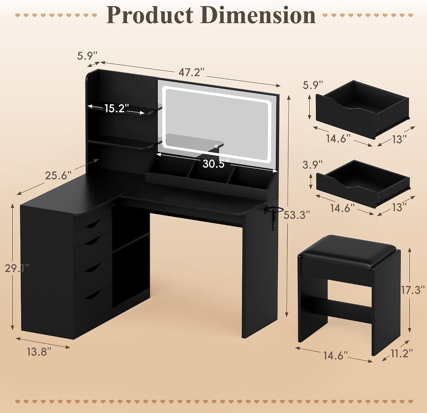 JUMMICO Makeup Vanity Desk with Mirror and Lights, L- Shaped Vanity, Modern Vanity Table with 5 Drawers & Adjustable Shelves, Power Outlet with Fast Charging, for Bedroom (Black)