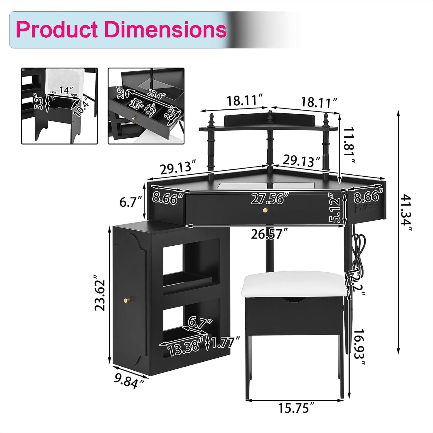Glass Tabletop Vanity Desk with Removable Pull-Out Side Cabinet Triangle Makeup Table with Storage Chair Corner Dresser with Drawer and 2 Spacious Shelves for Bedroom, Black