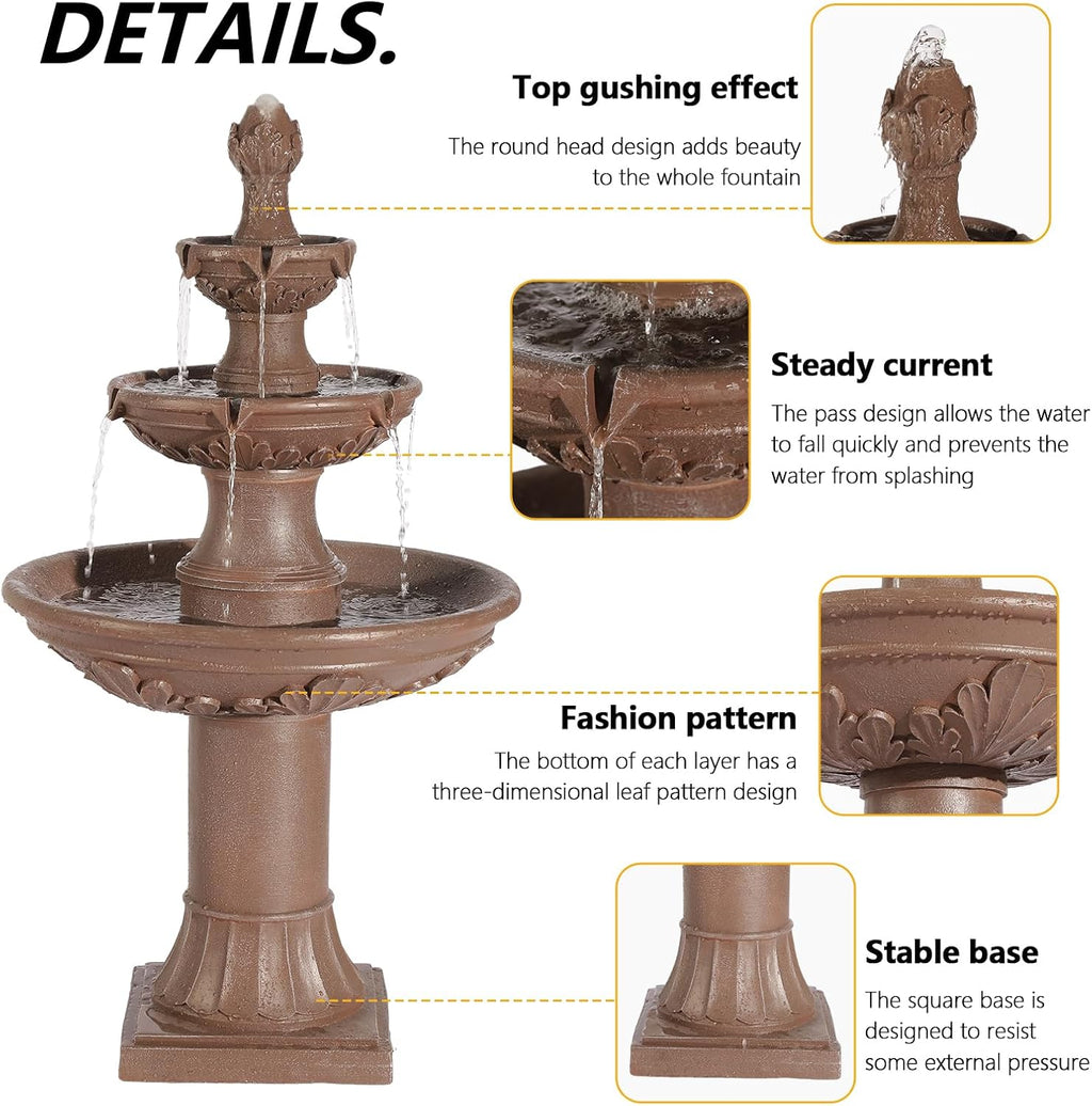TITIMO 48' High Italian Feature Freestanding Water Fountain Outdoor and Indoor,3-Tier Roman Pillar Waterfalls Fountains for Garden,Patio,Yard,Deck,Backyard,Porch (Brown)