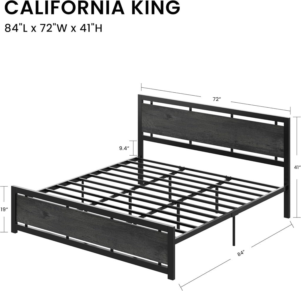 LIKIMIO California King Bed Frame with Headboard and Footboard, Metal Strong Supports, Easy Assembly, Noise-Free, No Box Spring Needed, Charcoal Grey