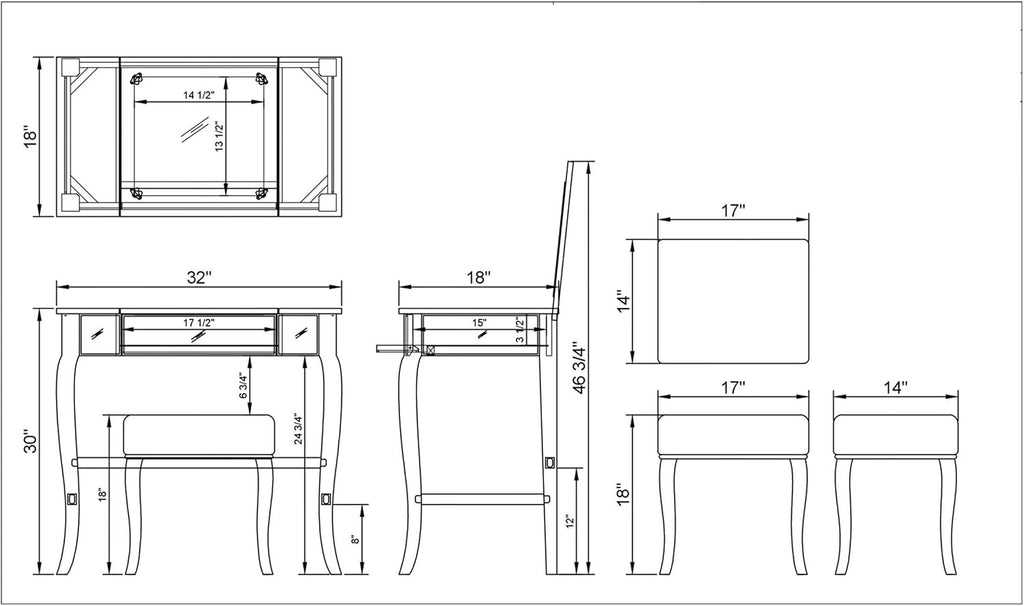 Linon Silver Harper Vanity Set, 32' W x 18' D x 46.75' H