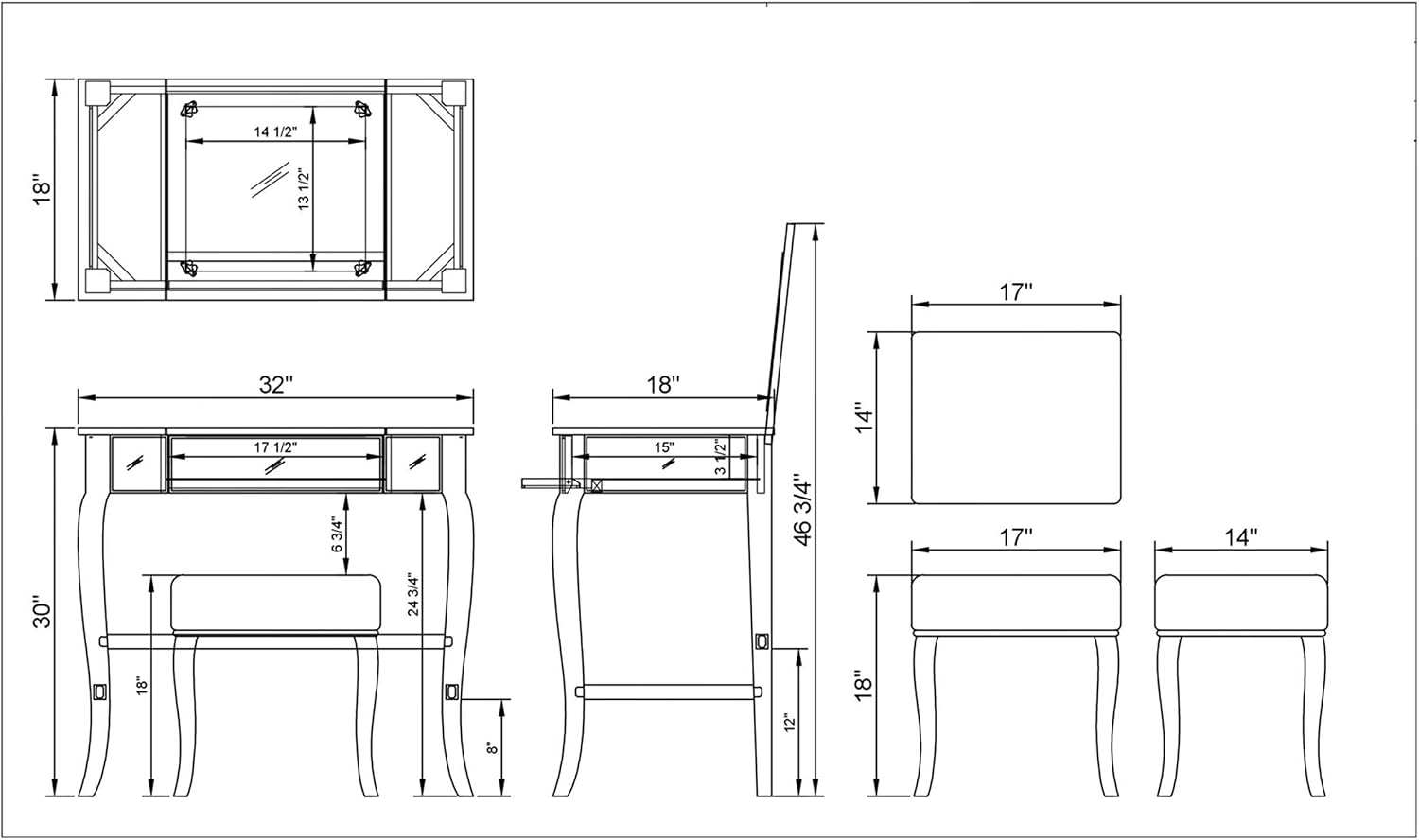 Linon Silver Harper Vanity Set, 32' W x 18' D x 46.75' H