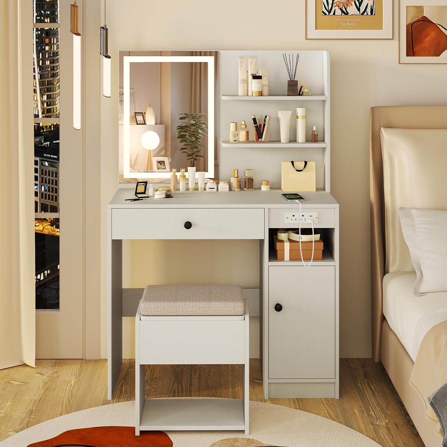 GOFLAME Makeup Vanity Set with Mirror and Lights, Vanity Desk with Charging Station, Storage Stool, 3-Color Lights, Drawer, Cabinet, Adjustable Shelf, Modern Dressing Table and Chair Set (White)
