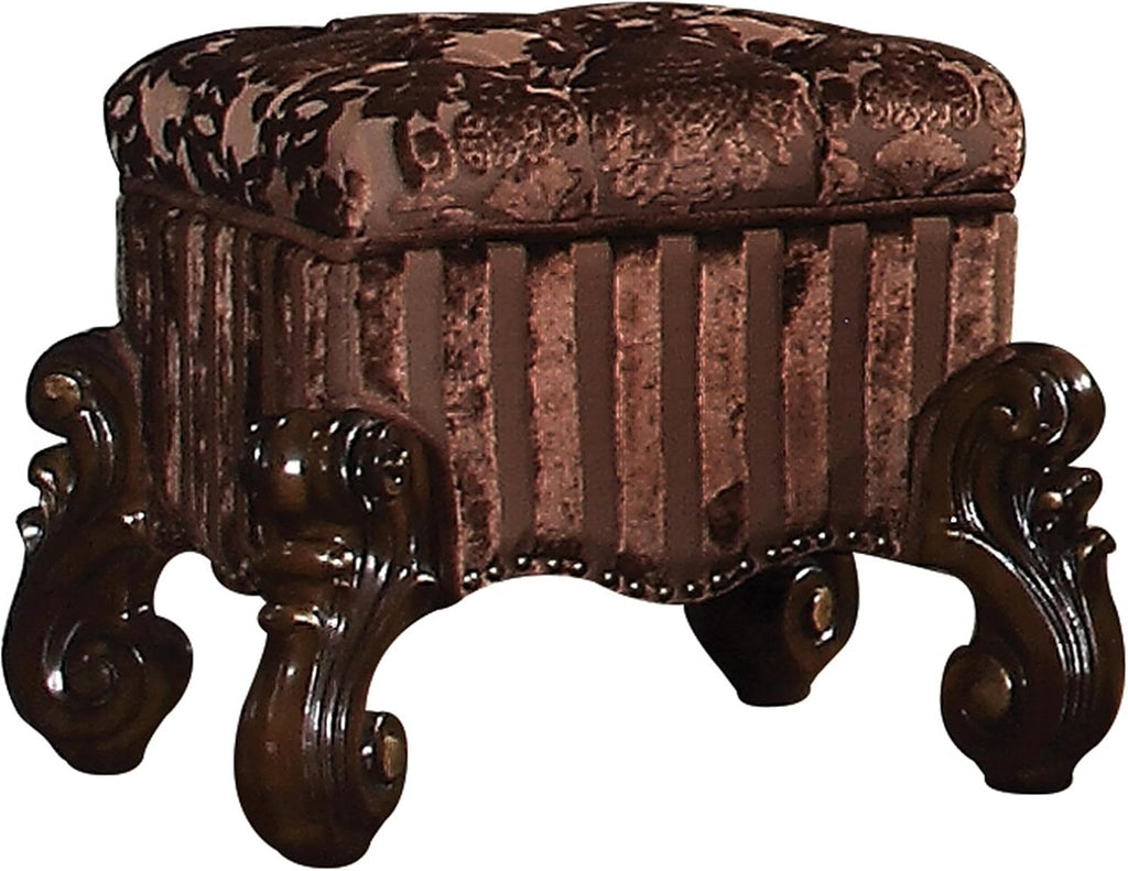BOWERY HILL Vanity Stool, Cherry Oak Finish, Fabric Seat Cushion, Poplar Wood and Aspen Wood Frame, Button Tufted Padded Seat, Scrolled Apron with Nailhead Trim, Traditional Style for Bedroom or