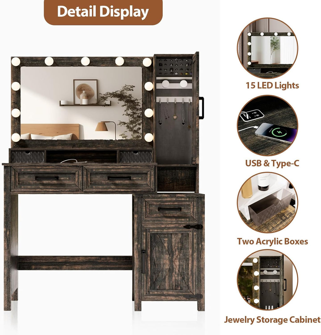 Topcomfy Farmhouse Vanity Desk with 3 Adjustable Light Colors & Power Outlet, Makeup Vanity Table with Sliding Jewelry Cabinet, Built-in Lipstick Organizer, 3 Drawers & Shelves for the Bedroom, Brown