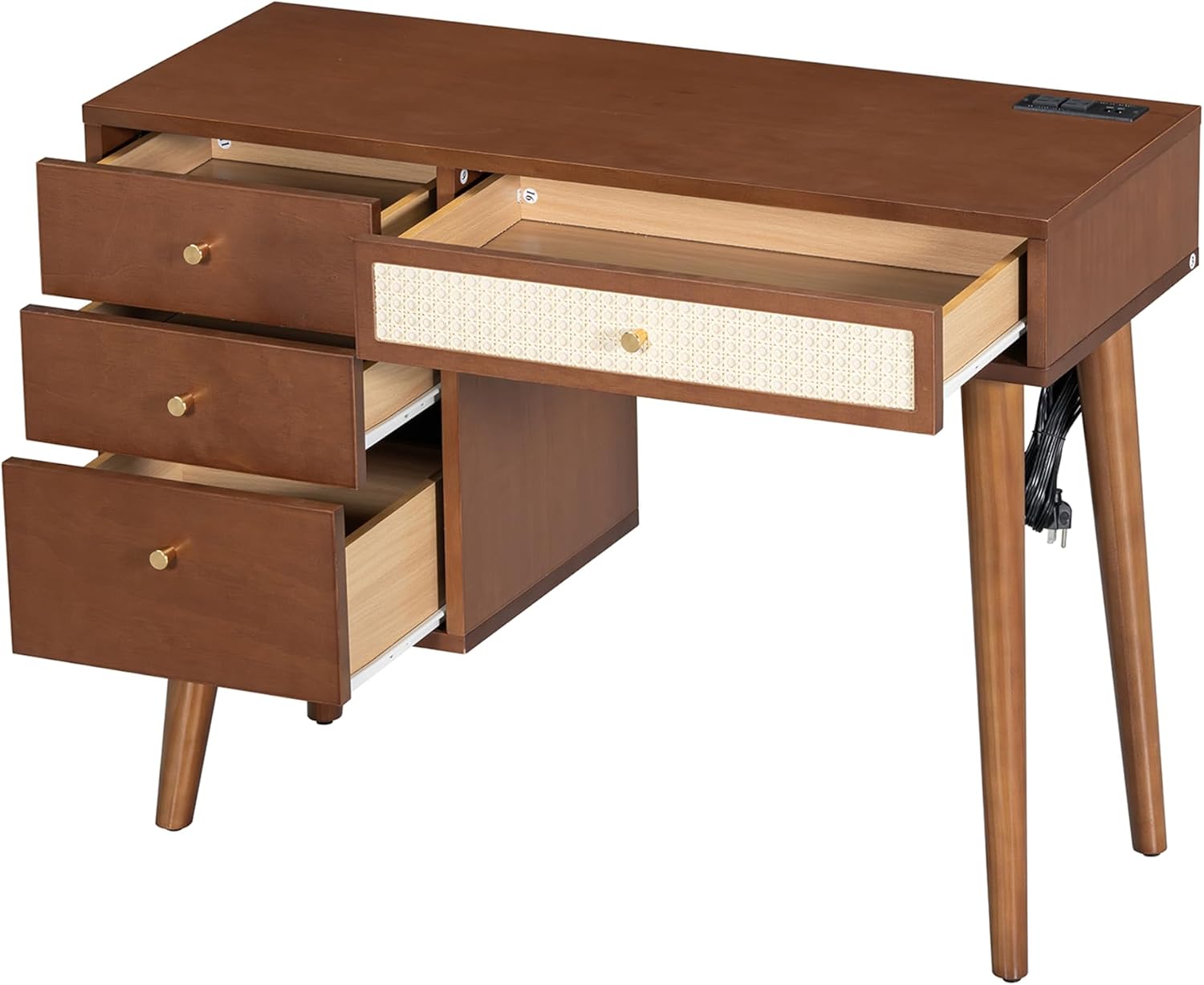 JIVOIT Vanity Table Set with Stool, 39' Retro Bohemian Style Dressing Table 3 Storage Drawers and 1 Rectangular Rattan Drawer, Wooden Makeup Vanity Set for Small Space (Walnut,Vanity Set)