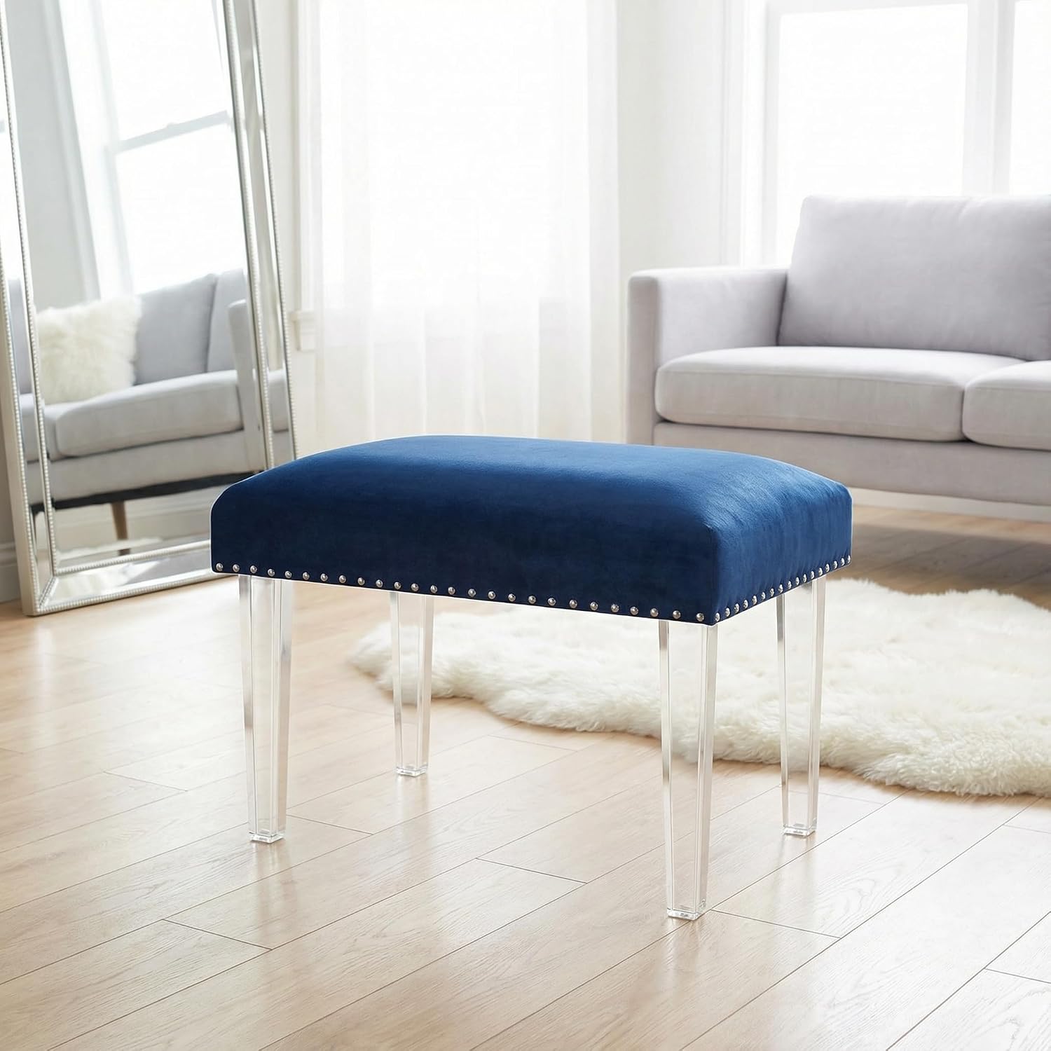 Cortesi Home Whitecrest Bench Ottoman with Clear Acrylic Legs 24', Blue Velvet
