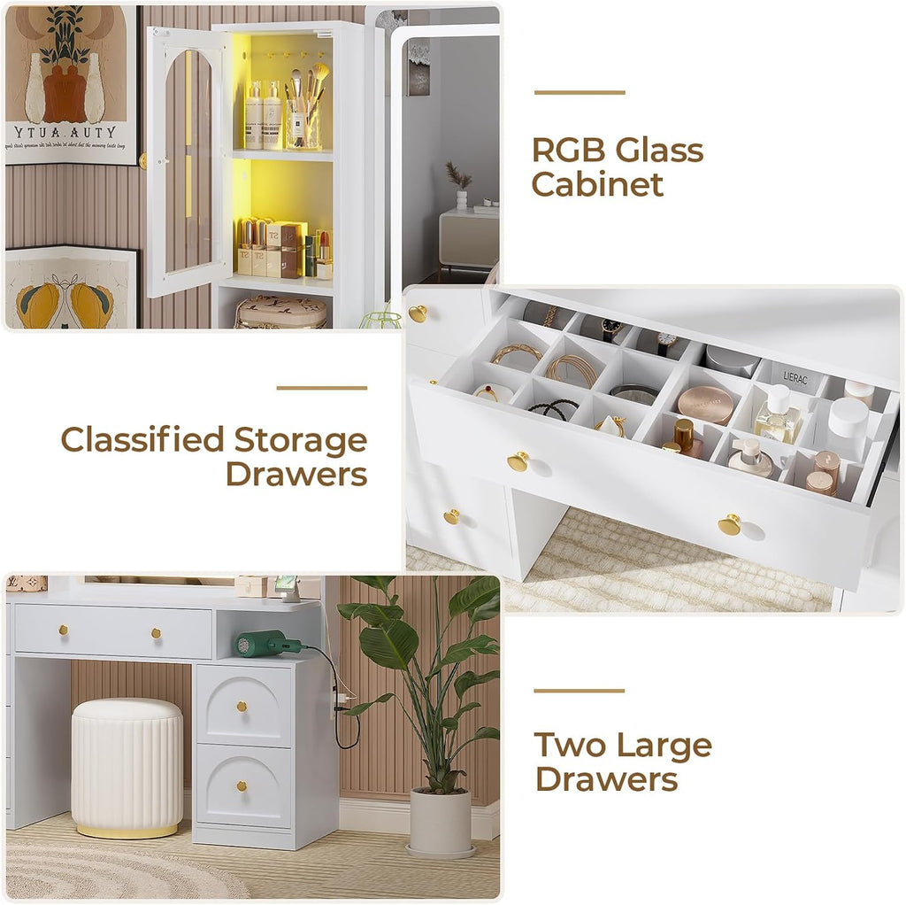 DICTAC Makeup Vanity Desk with Mirror and Lights, Large Vanity Table with Charging Station, 7 Drawers & 5 Hooks, RGB Lighted Glass Cabinet, Adjustable Shelf, for Bedroom & Bathroom, White