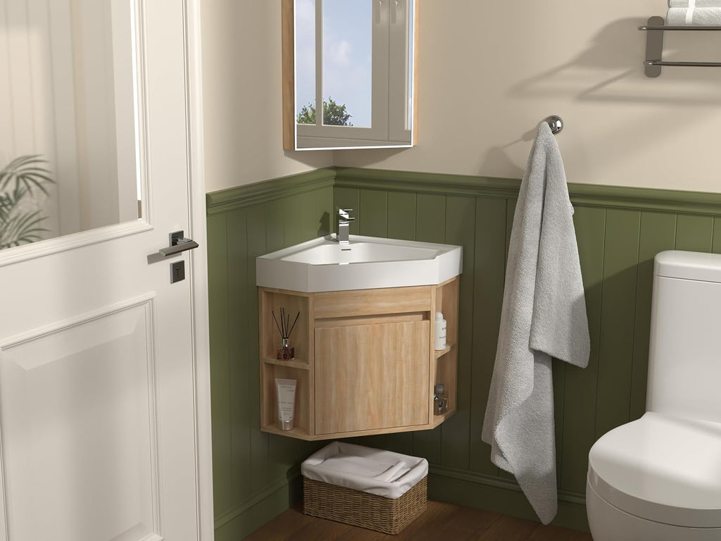 Tennant Brand 18 Inch Wall Mount Corner Bathroom Vanity with Matte Solid Surface (Light Oak)