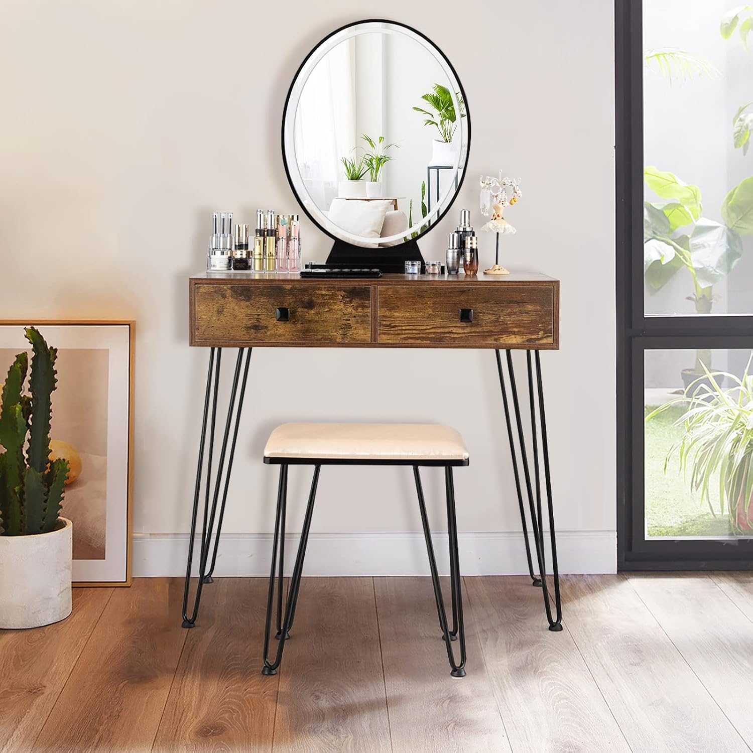 COSTWAY Vanity Desk with Mirror and Lights, Makeup Dressing Table Set w/ 3 Color Lighting Modes & Adjustable Brightness, Vanity Mirror with Desk and Stool for Bedroom Small Spaces (Rustic Brown)