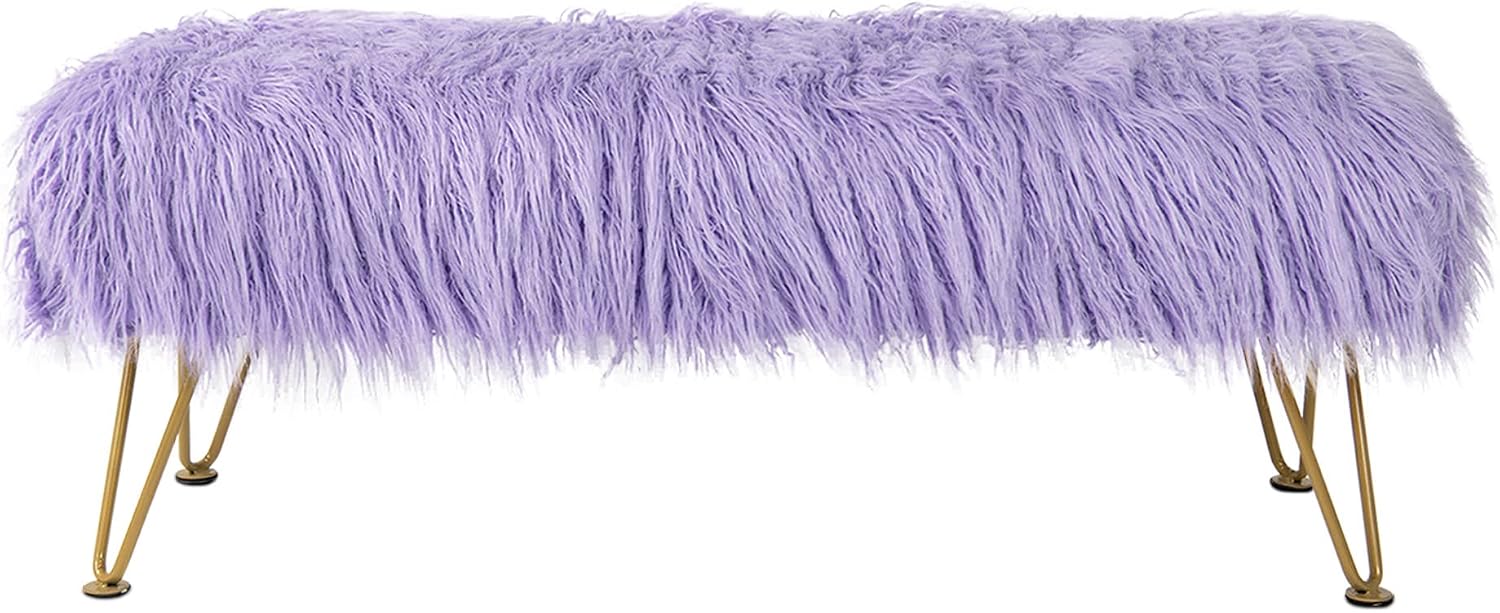 Purple Soft Plush Faux Fur Ottoman Entryway Bench Furry Footrest Stool 46'x16'x17' Sturdy Accent Long Bench for Bedroom End of Bed Vanity Closet Fuzzy Coffee Table for Living Room Gold Legs