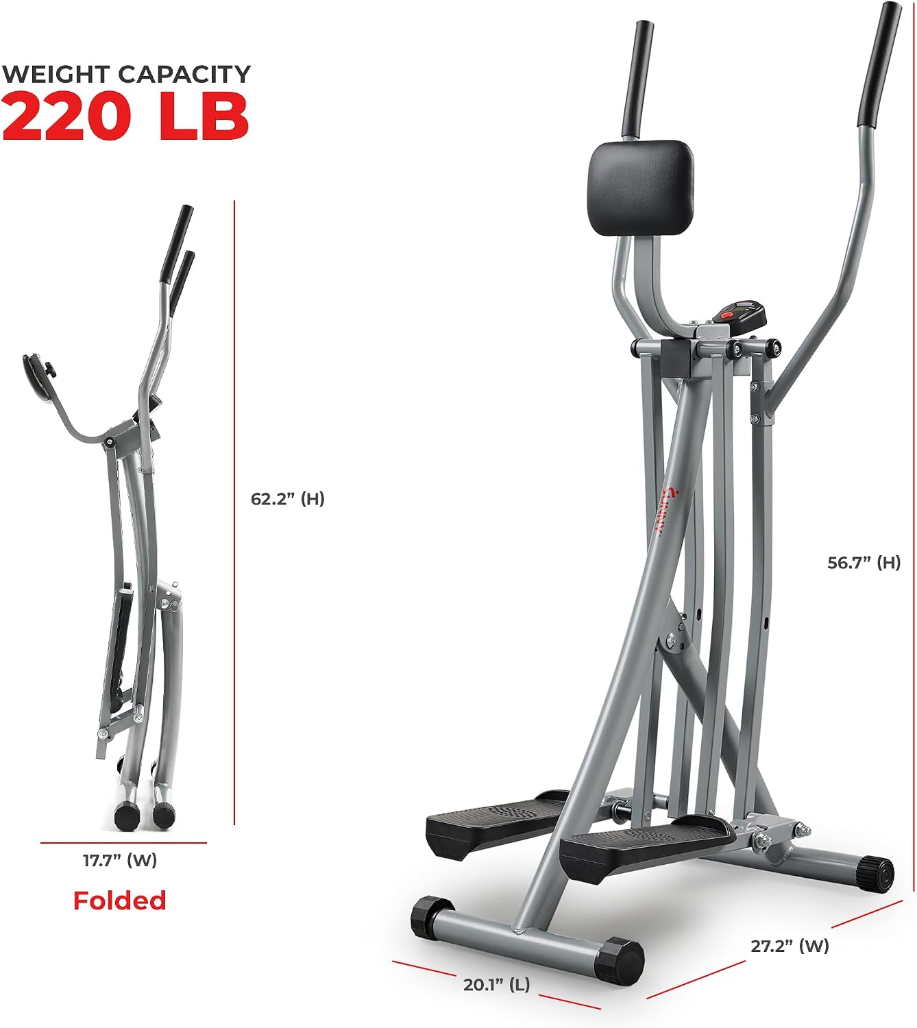 Sunny Health & Fitness Foldable Air Walk Elliptical, 30' inch Long Stride Glide Exercise Full-Body Cardio Cross Smart Trainer for Home Office, SunnyFit App via Bluetooth with Adjustable Resistance