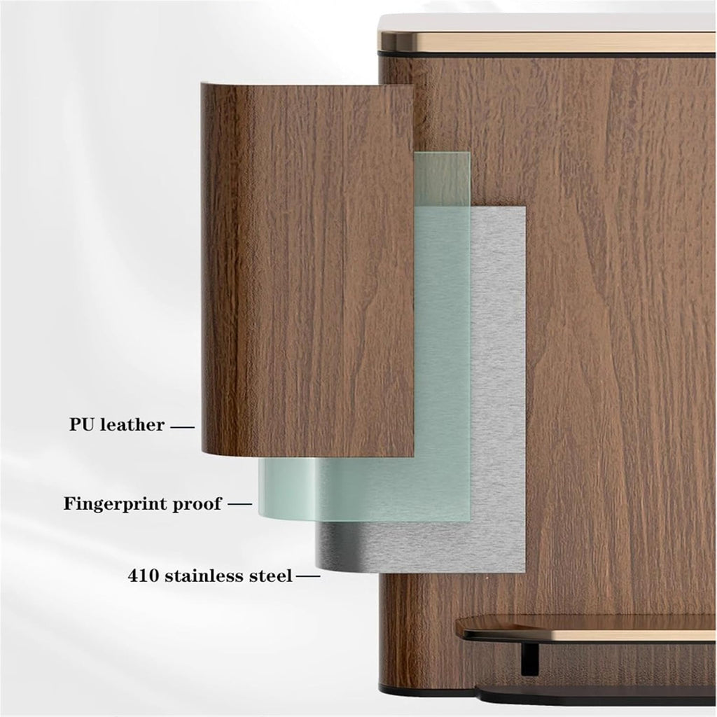 Stylish Modern Luxury Stainless Steel Trash Can with Soft Close Lid Step Pedal and Inner Bucket Ideal for Home Office and Bathroom Large Size Brown Leather Outer Layer
