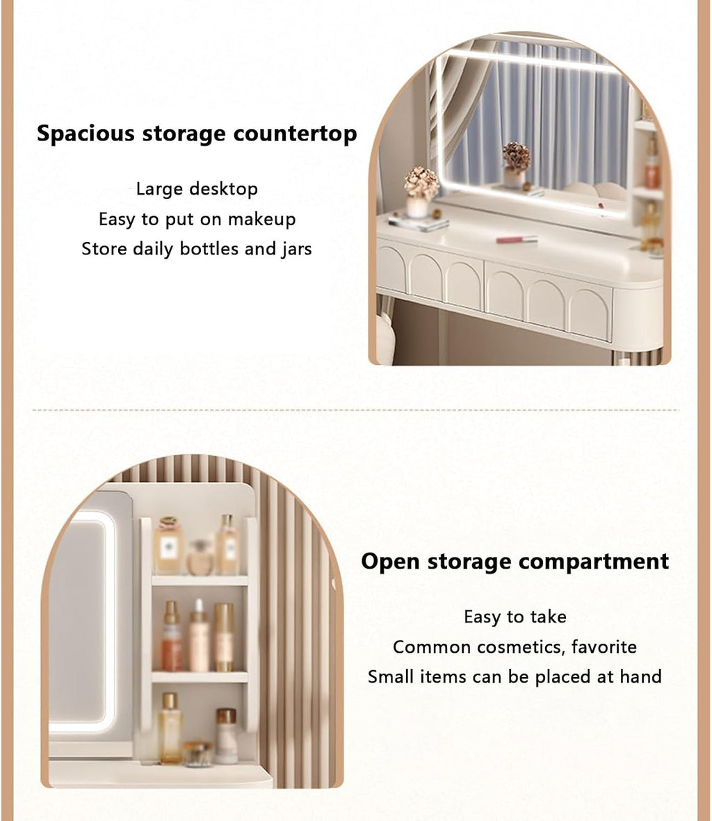White Vanity with Lighted Mirror Vanity Desk with Lights Small Vanity Desk Smart Makeup Mirror Reasonable partition Rounded Corner Design Large Storage Capacity Suitable,A-60 * 40 * 77.5 cm