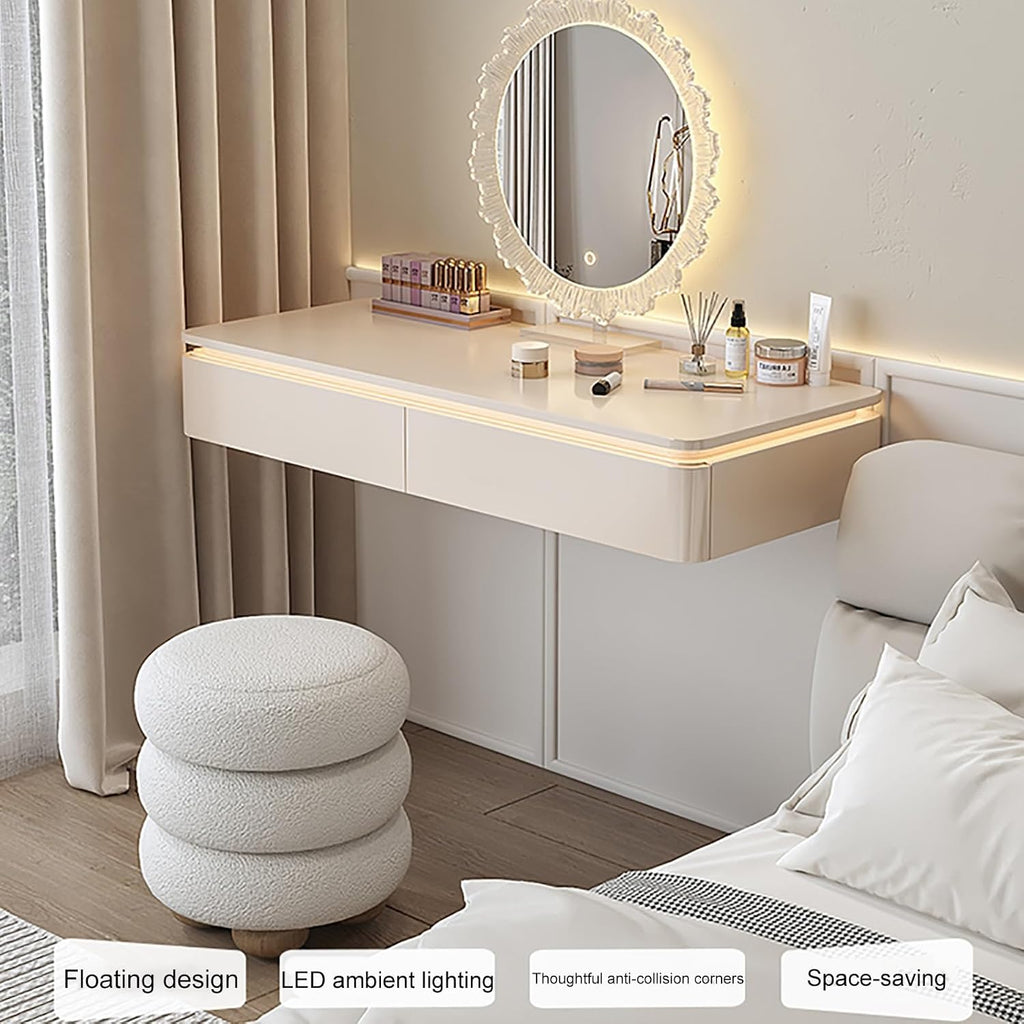 White Corner Floating Makeup Vanity, Wall-Mounted Vanity Desk with Lights, Floating Corner Desk for Bedroom, Dressing Room, or Small Spaces(120cm/47.2in)