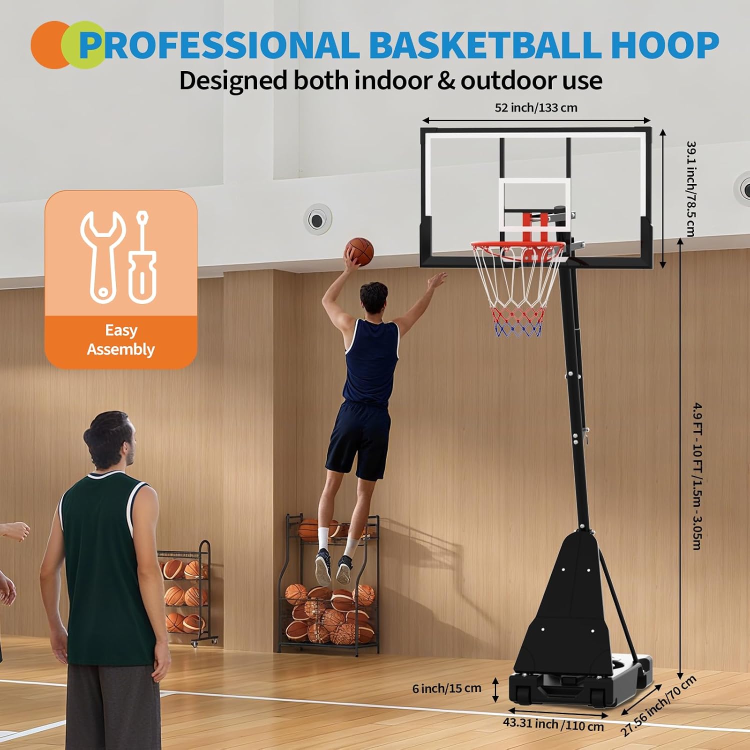 GarveeLife Basketball Hoop, 52 Inch Shatterproof PC Backboard, 4.9-10FT Height Adjustable Basketball Hoop Goal System,Mobile Stand with Wheels Weighted Base,Youth&Adults, Driveway Backyard Pool Play