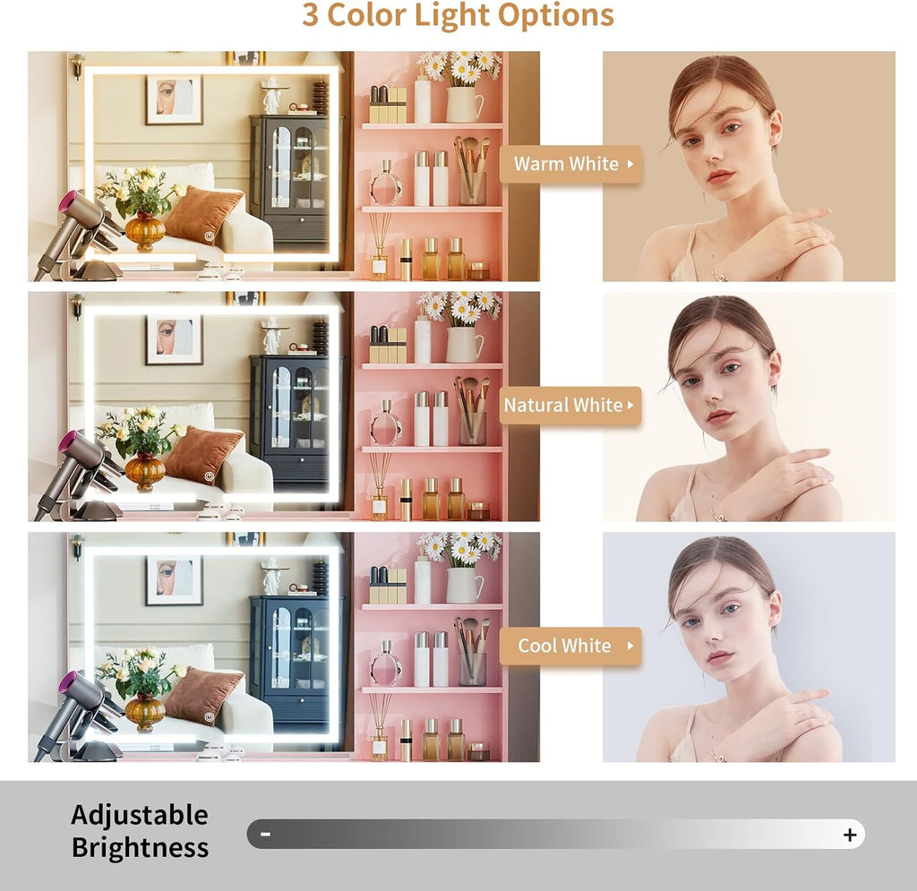 VOWNER Vanity with Mirror and Lights - 47' Glass Top Makeup Vanity Desk with 7 Drawers, 3 Storage Shelves and Outlet, 3 Color Lighting Modes Adjustable Brightness, Makeup Table for Bedroom (Pink)