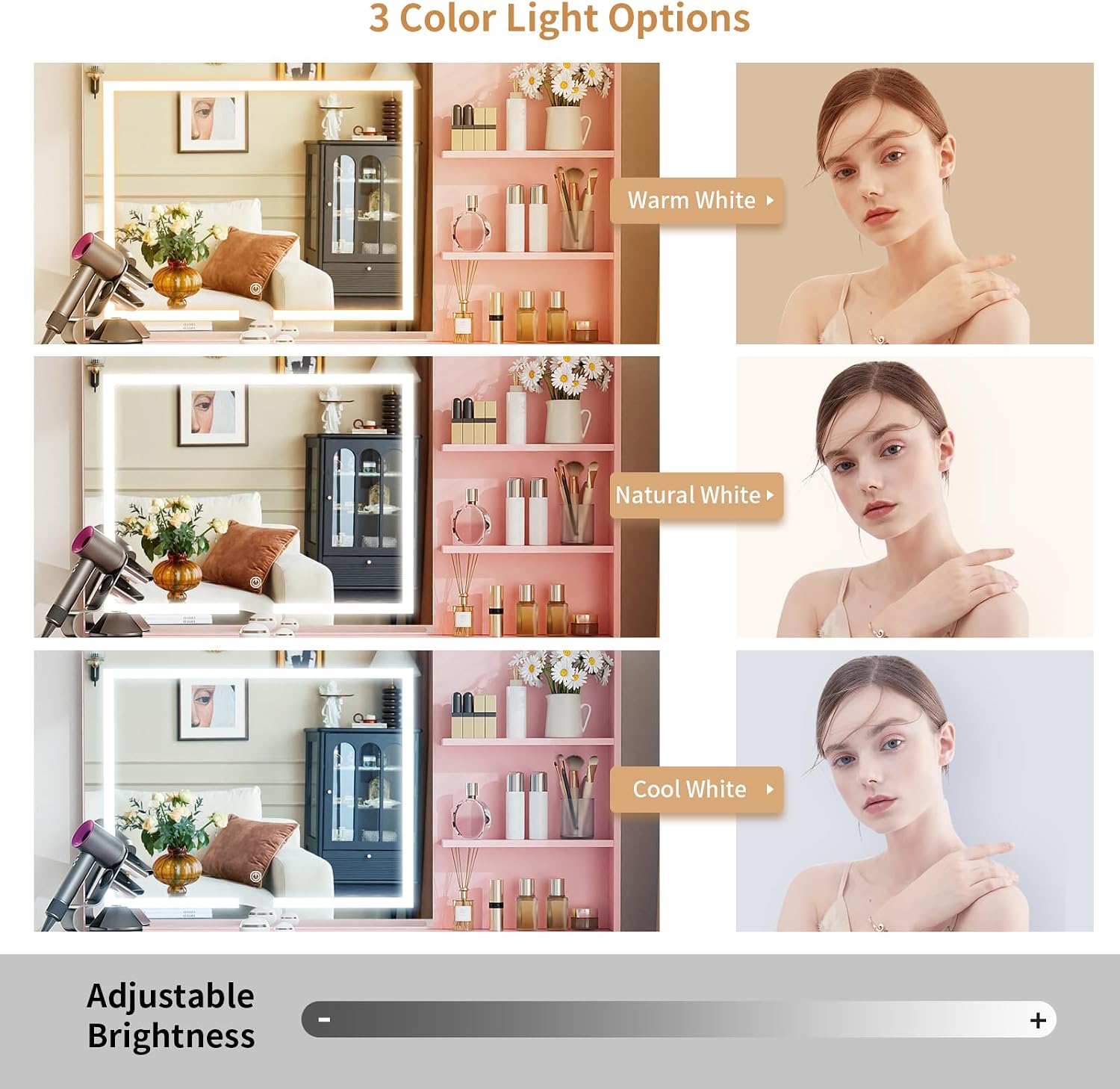 VOWNER Vanity with Mirror and Lights - 47' Glass Top Makeup Vanity Desk with 7 Drawers, 3 Storage Shelves and Outlet, 3 Color Lighting Modes Adjustable Brightness, Makeup Table for Bedroom (Pink)