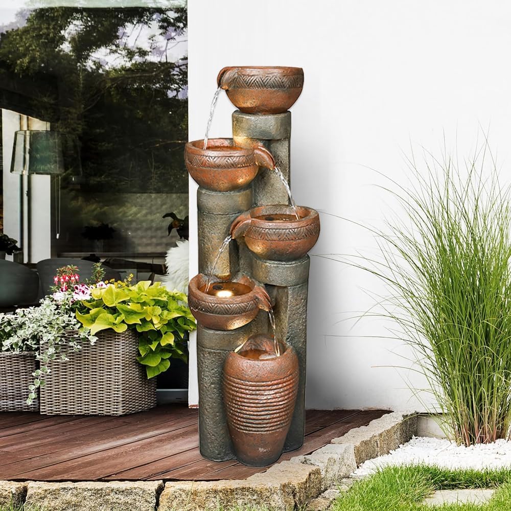 Outdoor Garden Water Fountain-Indoor Polyresin Waterfall Floor-Standing Fountains with LED Lights for Garden, Patio, Deck, Porch, Yard Art Decor (39.7inch)