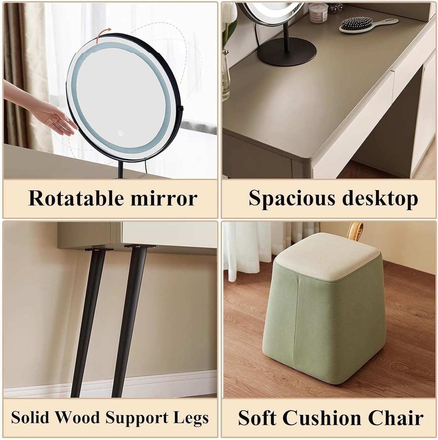 Vanity Desk, Vanity Table, Dressing Table, Makeup Table for Bedroom, Corner Dressing Table with Storage Shelf, Make Up Desks with Lights