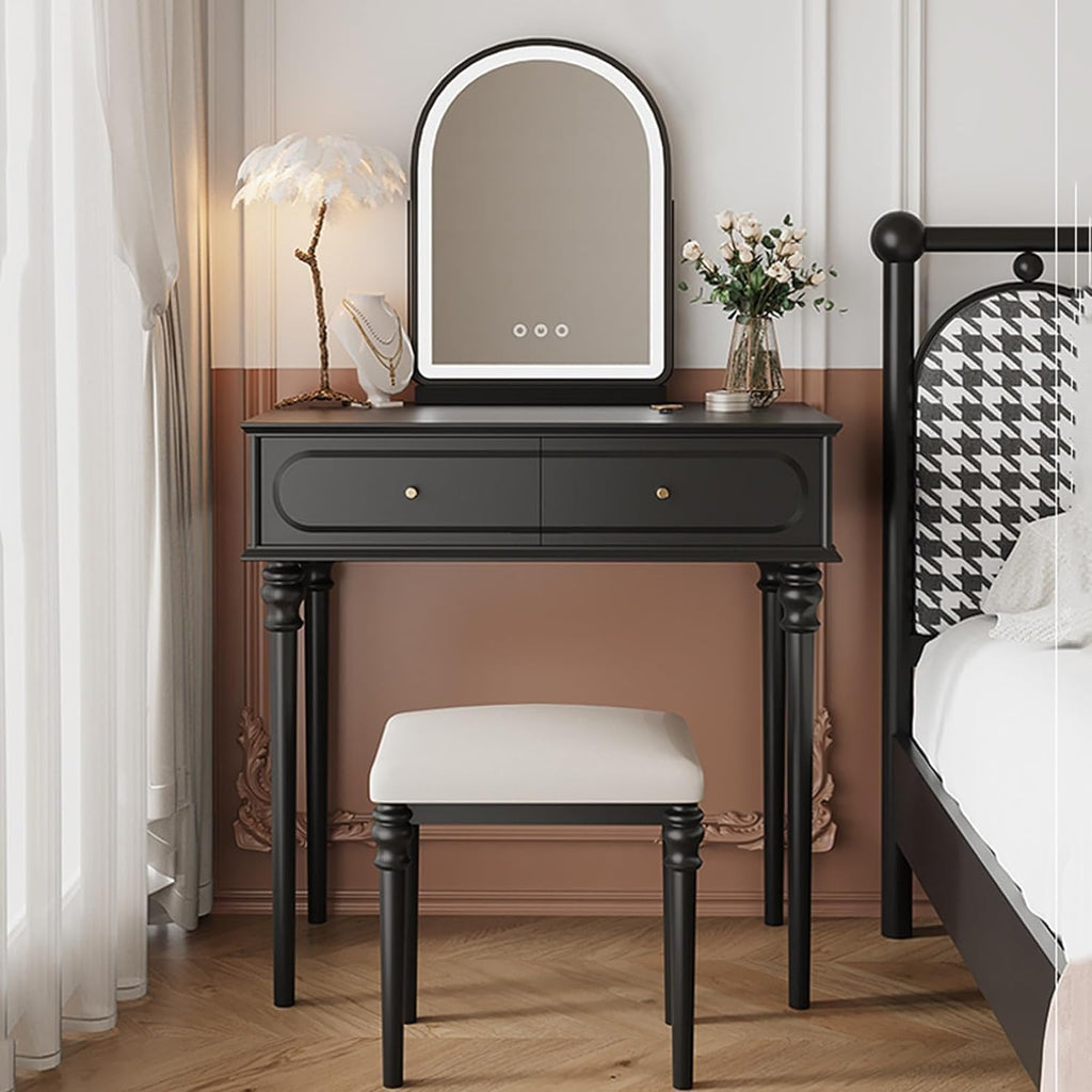 Rieort Vanity Desk Solid Wood Makeup Vanity Set with Led Mirror Vanity Benches Cushion Makeup Chair Home Nightstand Dressing Table