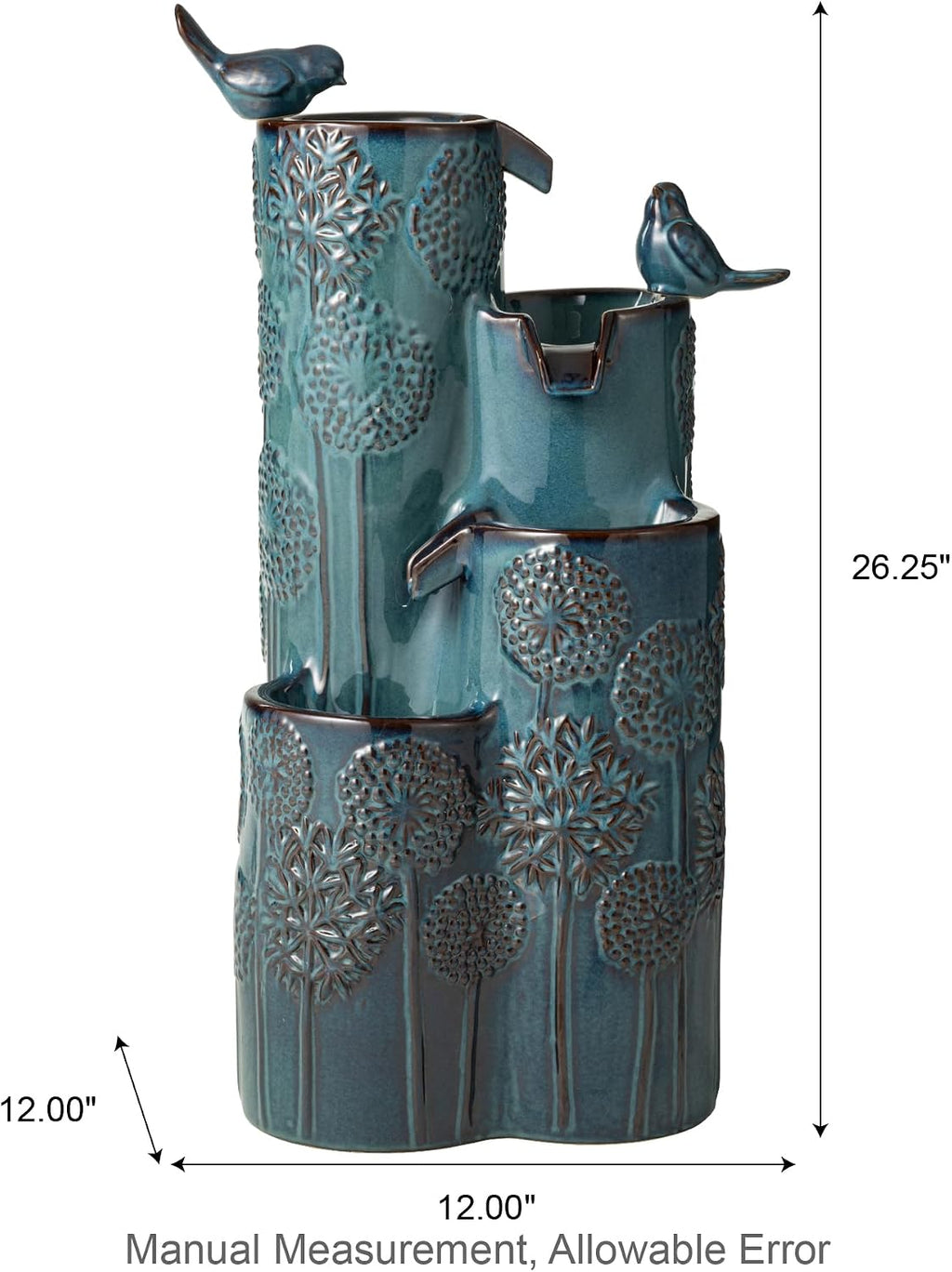 Glitzhome 27' H Outdoor Water Fountain with LED Light, Pump & Adapter, 4-Tier Turquoise Dandelion Vase Ceramic Cascading Garden Fountains Waterfalls with Birds, for Porch Deck Patio Backyard