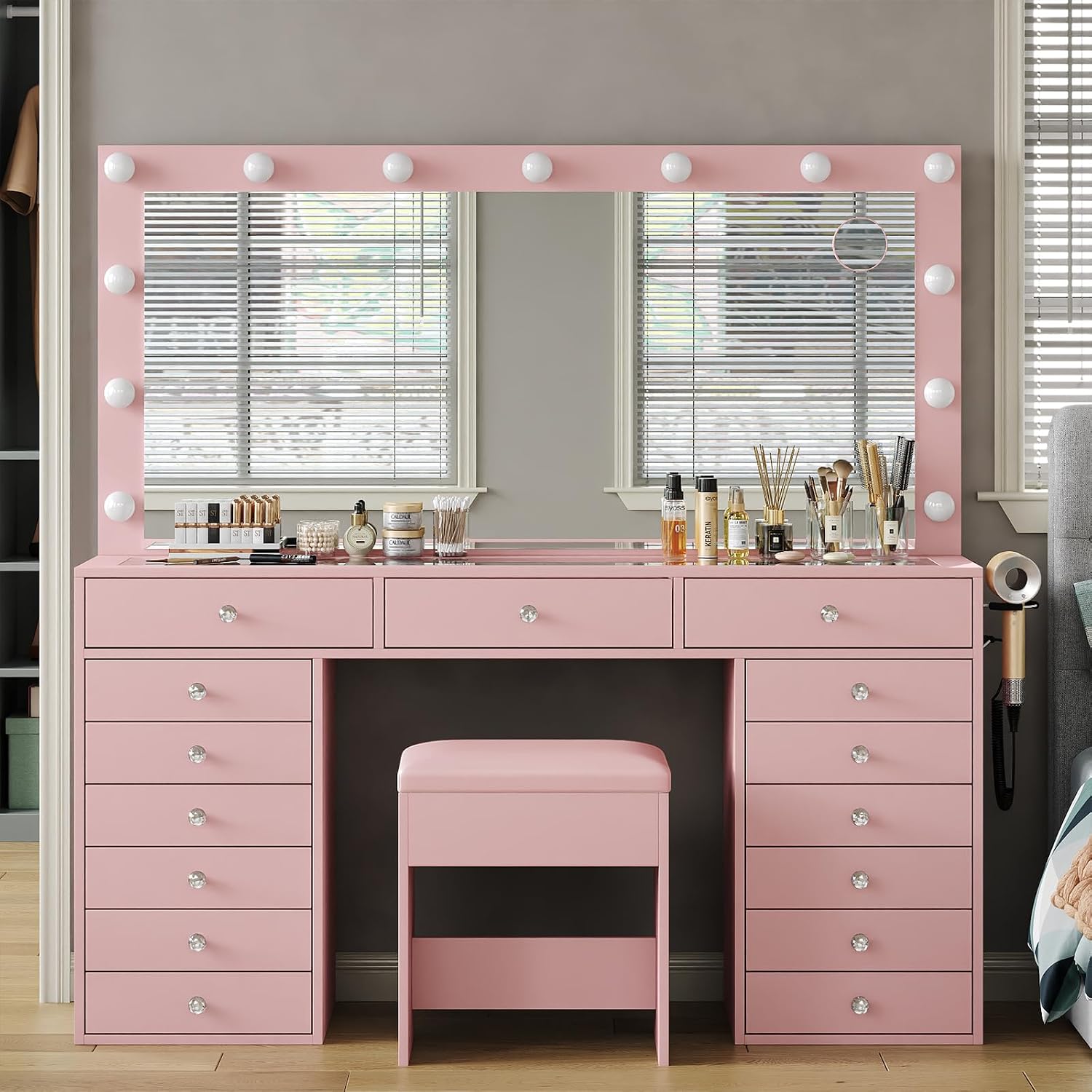 FUSOU 55' W Vanity Desk with Mirror and Lights, 15 Drawers Makeup Vanity with Charging Station, 3 Lighting Modes, Brightness Adjustable, Glass Top Makeup Vanity Desk with Chair for Bedroom, Pink