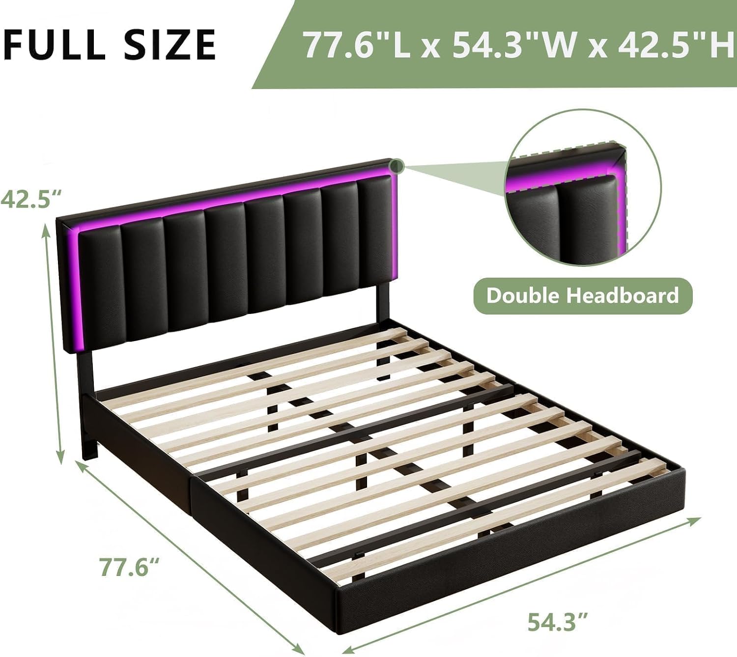 IMMERSTABLE Full Size Floating Bed Frame with LED Lights, Upholstered Platform Bed with Headboard, 11 in Storage Clearance, Solid Wood Slats, No Box Spring Needed, Easy Assembly, Black