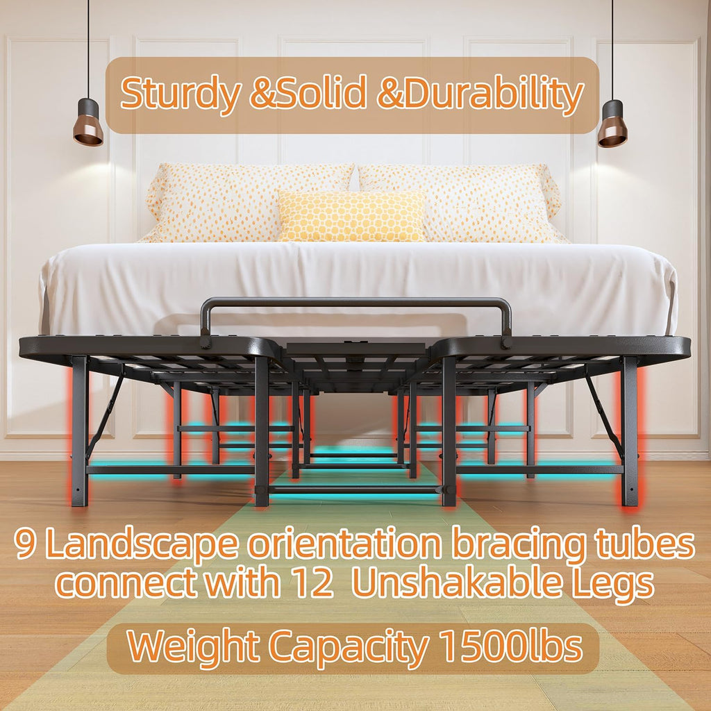 Heavy Duty King Size Bed Frame, 14 Inch Foldable Metal Bed Frame, King Platform Bed, Sturdy Mattress Foundation, Easy Assembly, No Box Spring Needed for King Size Mattress, Black