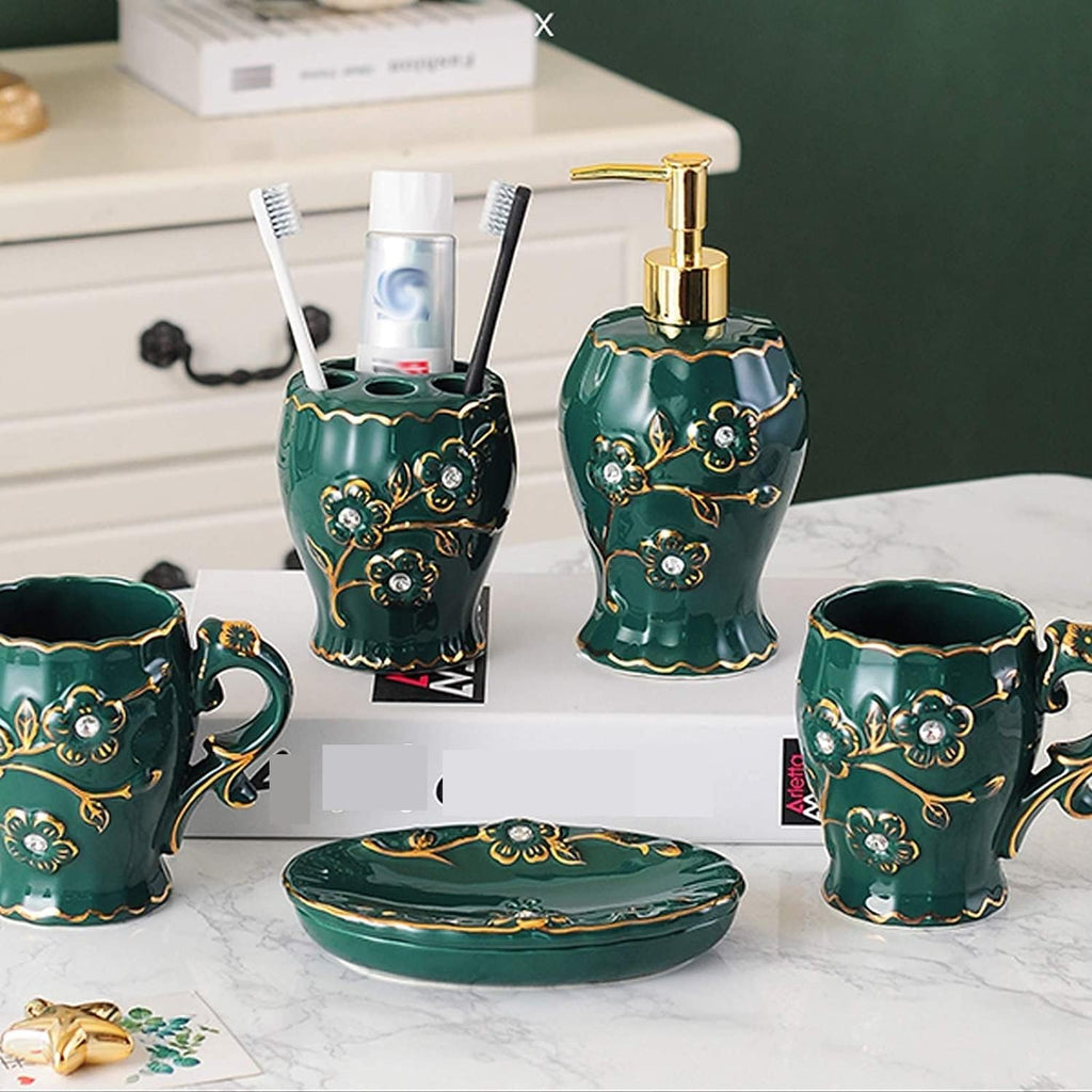 Vanity Bathroom Decor, Bathroom Accessory Set Dark Green Luxurious Embossed Pattern Ceramics Bath Set for Housewarming Gift Housewarming Gift(5-Piece Set)