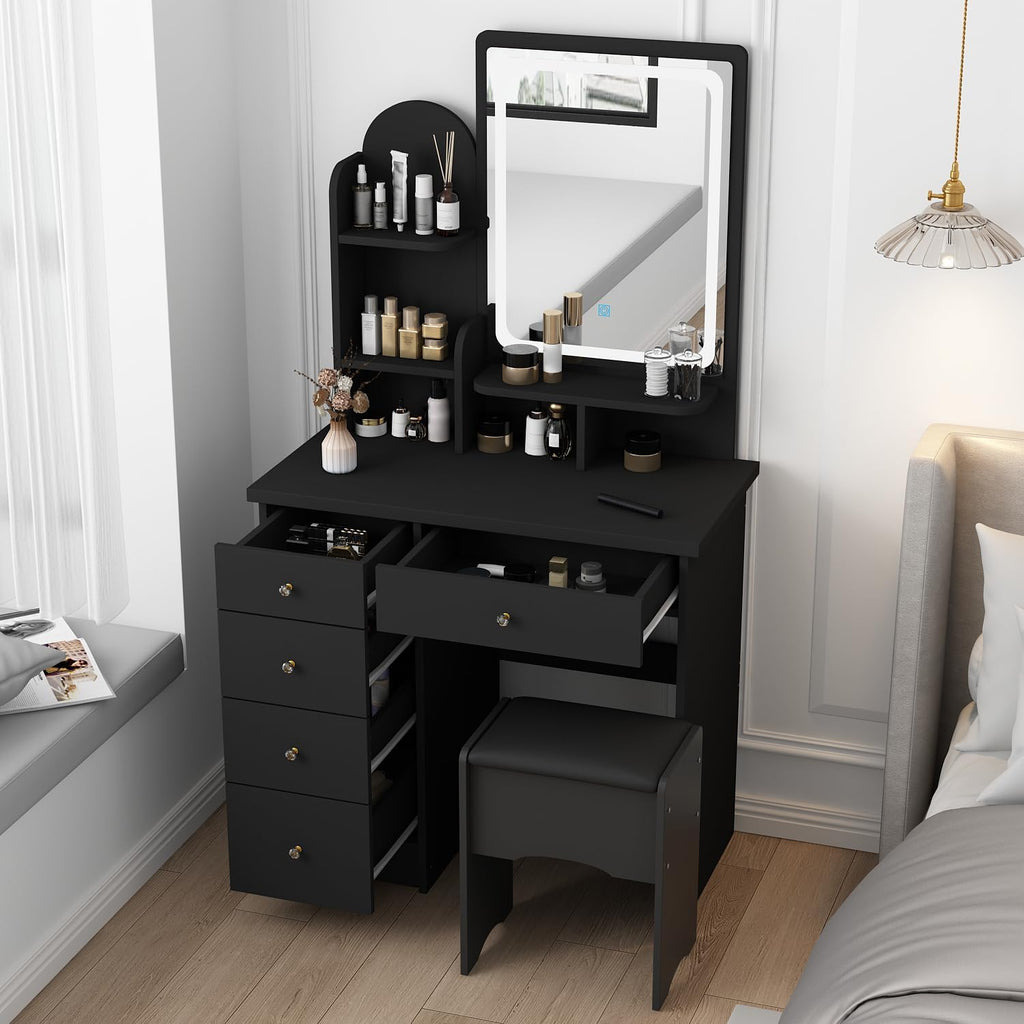 Vanity with Chair, Dressing Table with Lighted Rectangular Mirror, 5 Drawers and Shelves, Makeup Vanity Set with Storage for Bedroom, Crystal Knobs, Black, 15.7' D x 31.5' W x 55.1' H