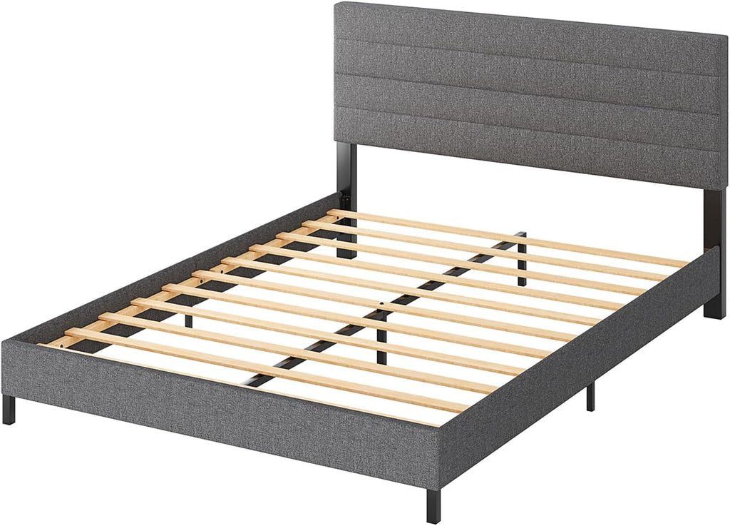 Furnihome Queen Bed Frame, Modern Upholstered Bed Frame with Adjustable Linen Headboard, Wooden Slats Support Platform Queen Size Bed Frames, No Box Spring Needed,Easy Assembly,Dark Grey