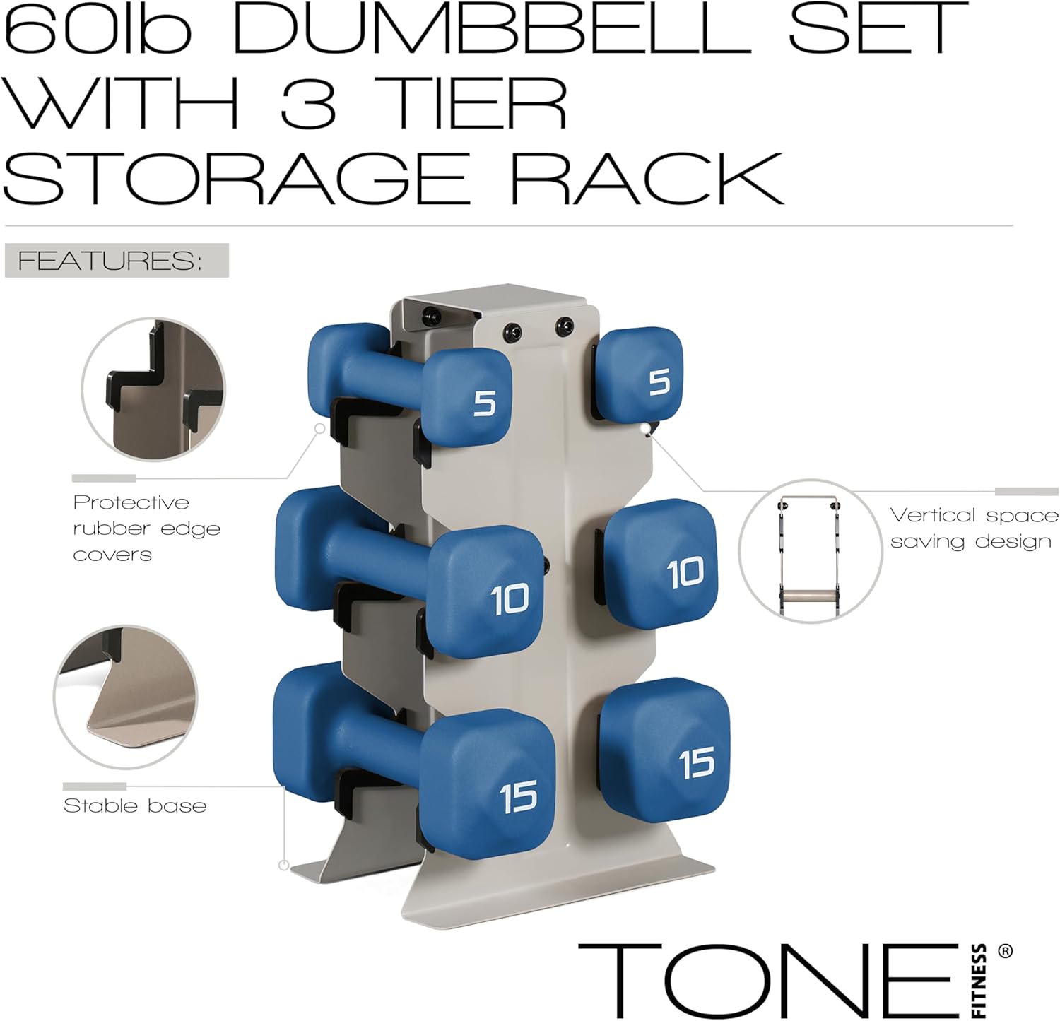 Tone Fitness Neoprene Dumbbell Set with Storage Rack – Non-Slip, Anti-Roll Hand Weights for Home Gym Workouts | 20 lb, 32 lb, 50 lb, 60 lb & 100 lb Options