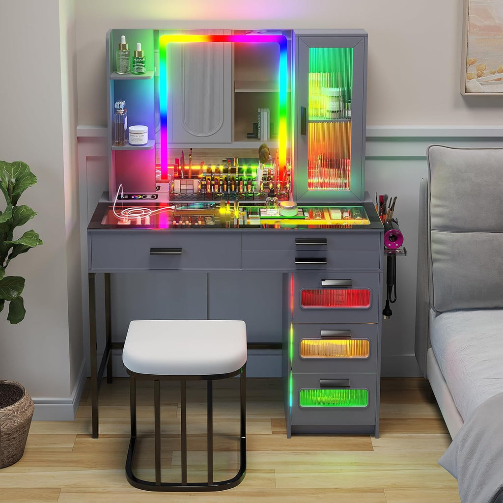 WOOVIVS Vanity with Lights for Girls- Vanities Table with LED Mirror, RGB Makeup Vanity with Wireless Charging Station, 6 Drawers Dress with Glass Top,Chair,Jewelry Organizer for Bedroom-Grey