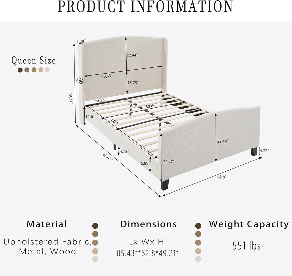 KEIKI Queen Size Velvet Upholstered Platform Bed, Metal Bed Frame w/Tall Wingback Headboard, Modern Solid Bedframe Queen-Size, Wood Slat Support, No Box Spring Needed, Easy Assembly, Ivory