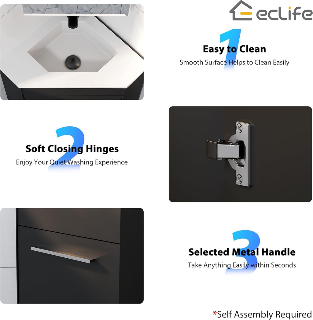 eclife 26' Corner Bathroom Vanity Sink Combo for Small Space Freestanding Storage Cabinet with White Resin Sink and Matte Black Faucet, Black