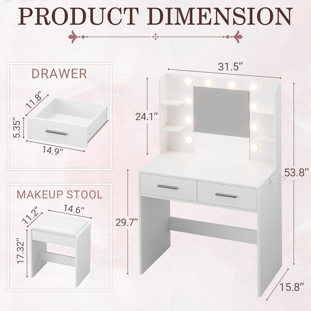 JUMMICO Makeup Vanity Desk with Mirror and Lights Power Outlet, Vanity Table Makeup Desk 2 Drawers, 6 Storage Shelves Hairdryer Holder & Bench Dressing Table for Bedroom (White, with Bench)
