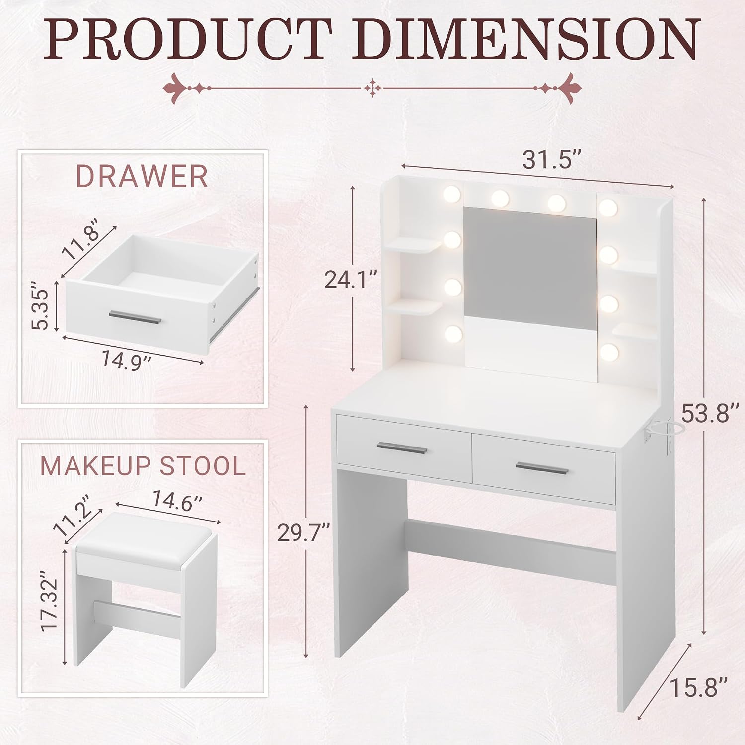 JUMMICO Makeup Vanity Desk with Mirror and Lights Power Outlet, Vanity Table Makeup Desk 2 Drawers, 6 Storage Shelves Hairdryer Holder & Bench Dressing Table for Bedroom (White, with Bench)