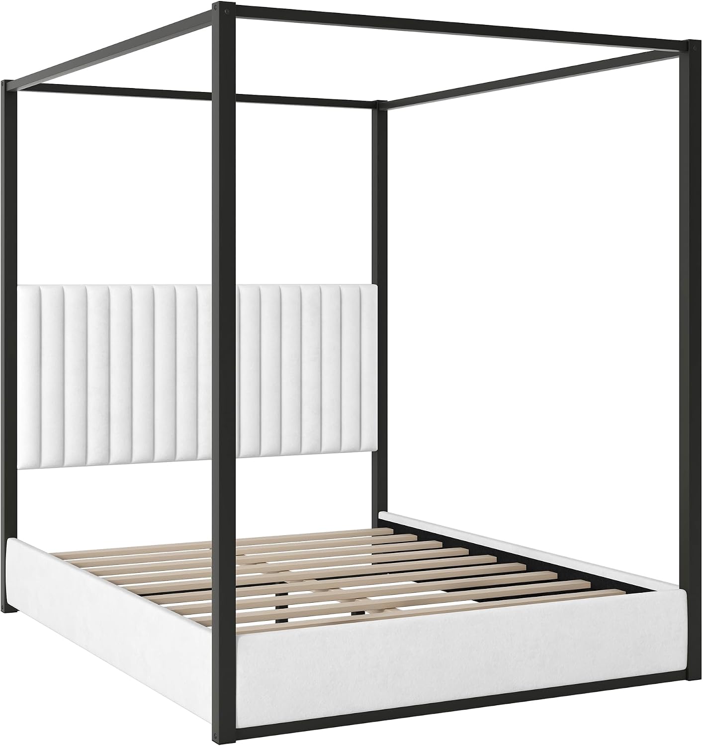 LUMISOL Queen Size Upholstered Canopy Bed, Black 4 Poster Bed with Tall Headboard, Velvet Upholstered Canopy Platform Bed with Wood Slats Support, No Box Spring Needed, Black + White